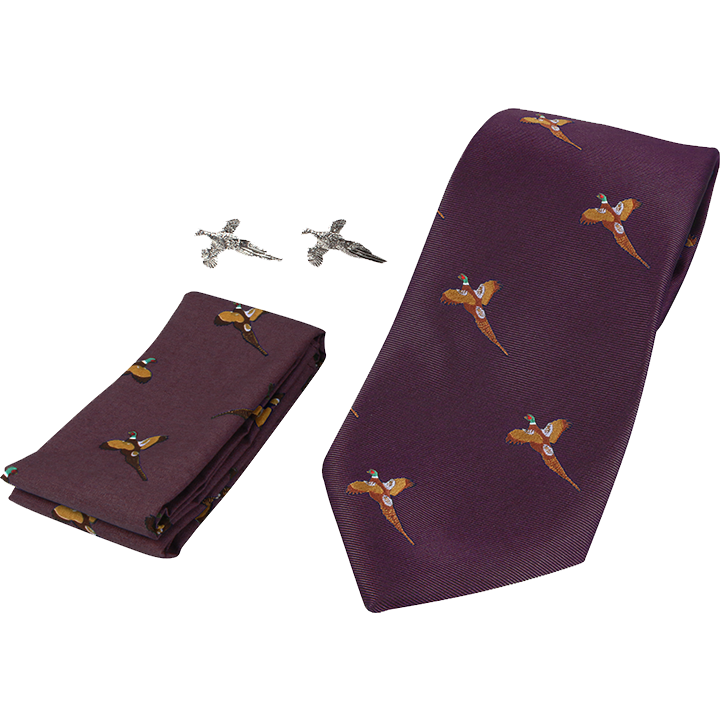 THATCH pheasant tie, hanky, and cufflink set in Jack Pyke gift box, featuring a classic pheasant design for men's formal wear.