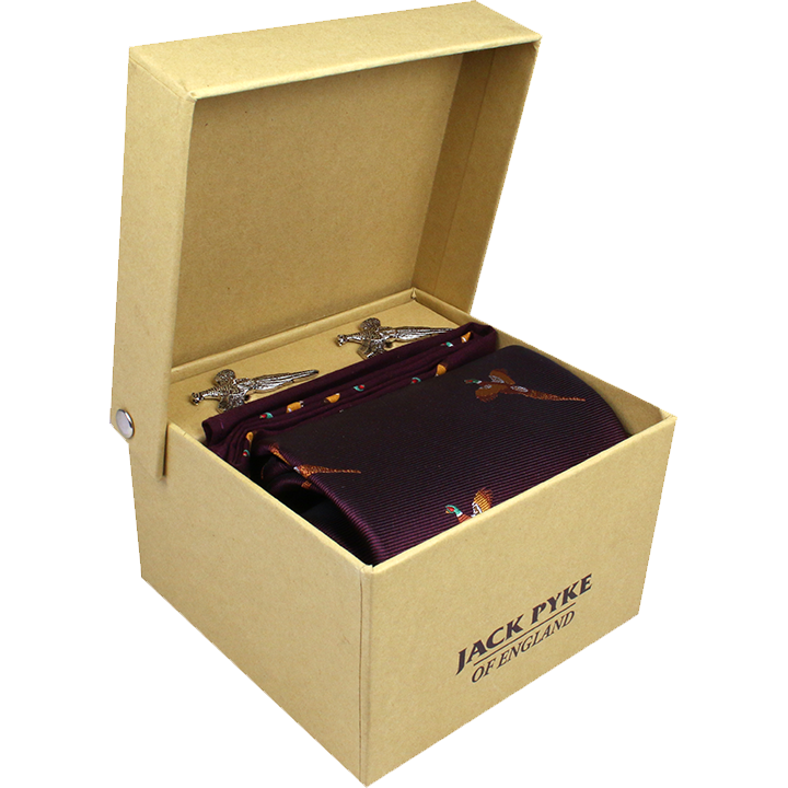 THATCH Pheasant Tie, Hanky, and Cufflink Set in Jack Pyke gift box, elegant hunting-inspired accessories for men.