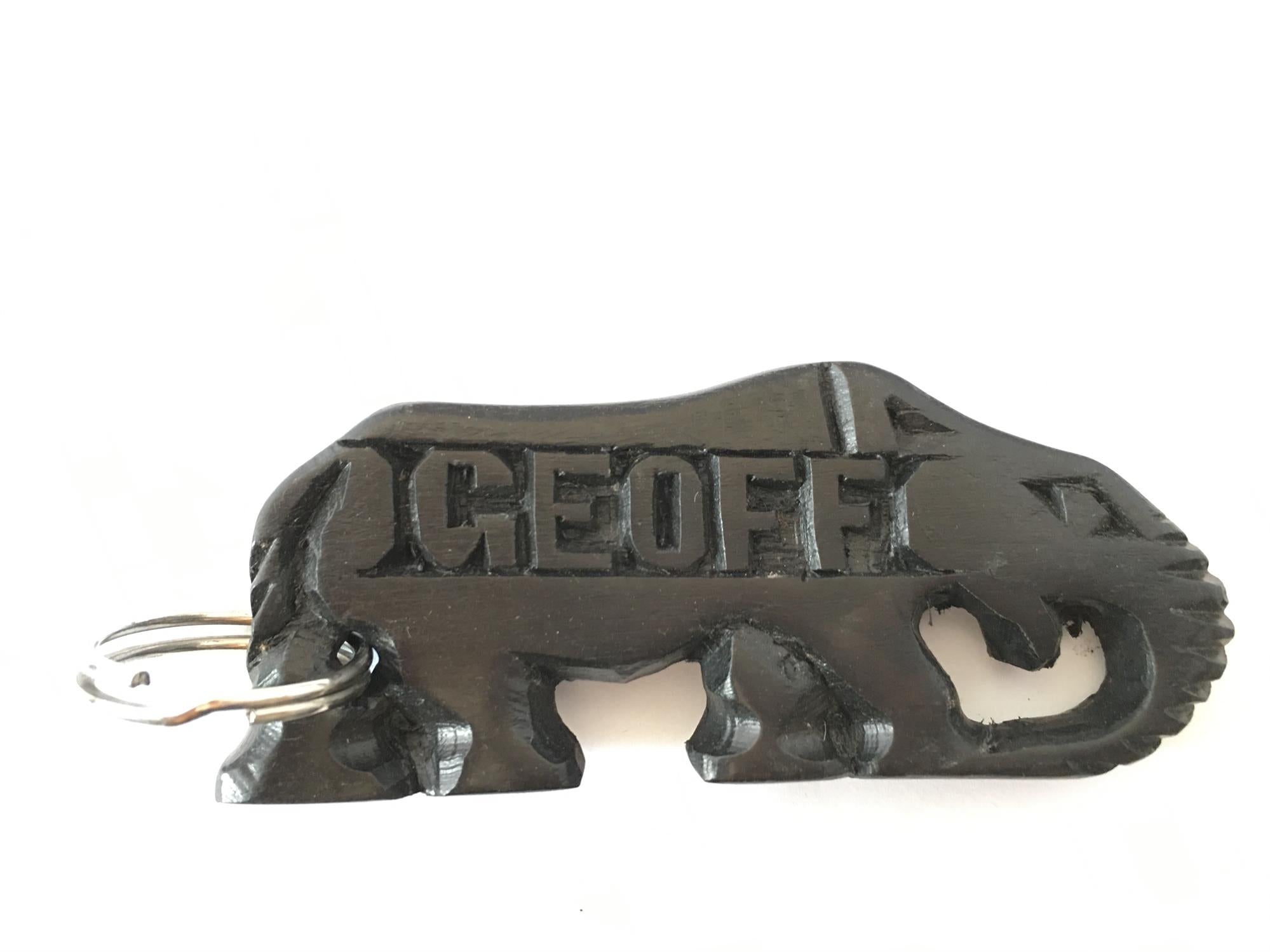 Hand-carved zebra key ring by A1 Decoy Ltd featuring detailed animal design and natural wood texture.