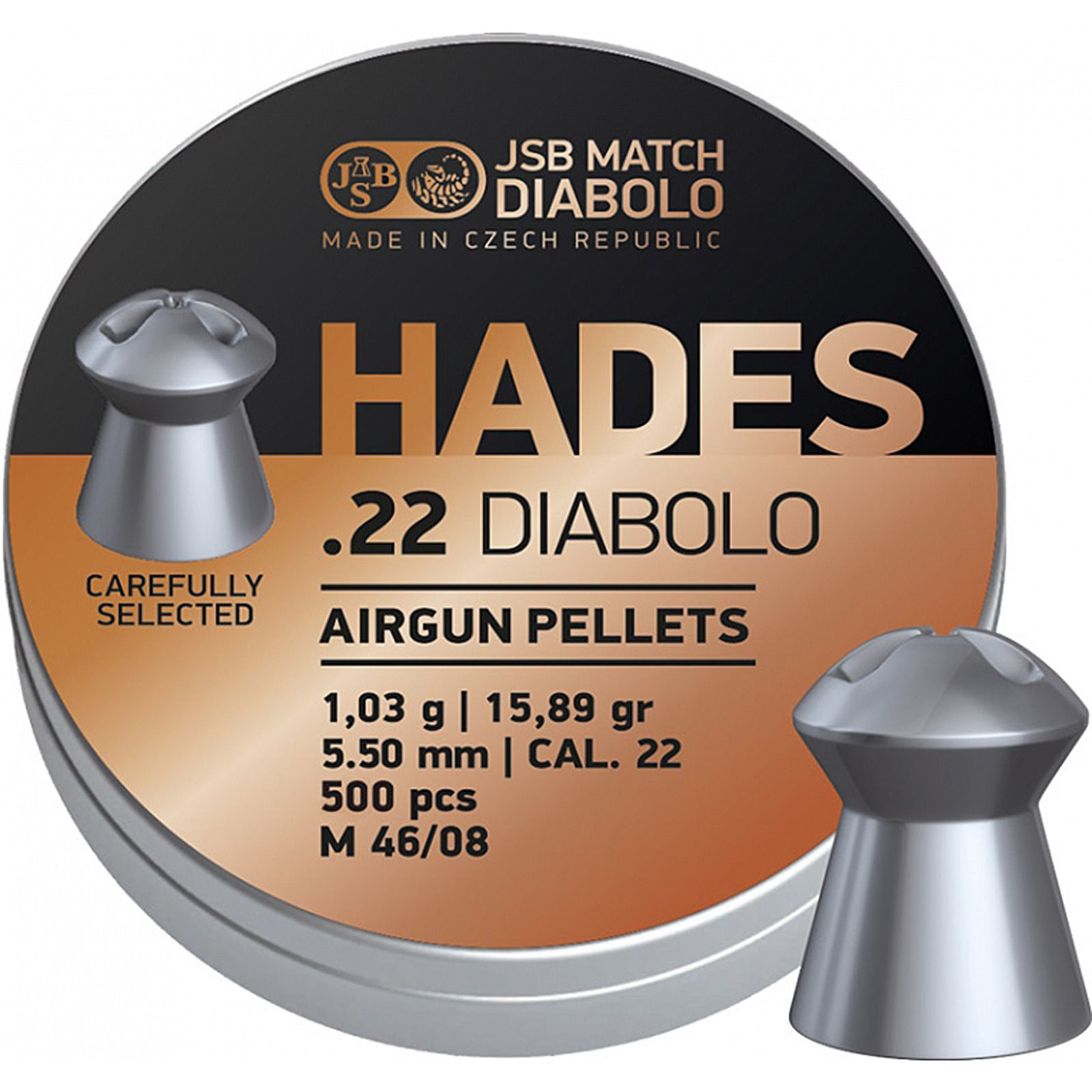 JSB Hades .22 Match Diabolo pellets by ROTHERY, shown in a close-up of the shiny, aerodynamic diabolo shape.