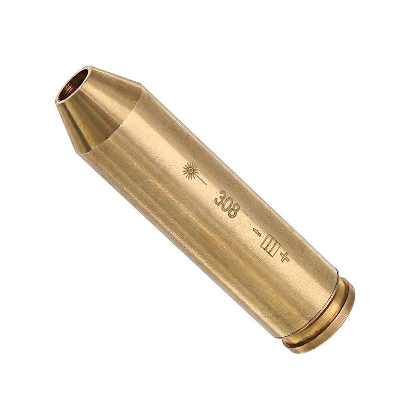Red dot casing laser bore sighter for .308, .30-06, or 9.3 rifles, used for easy rifle sight alignment.