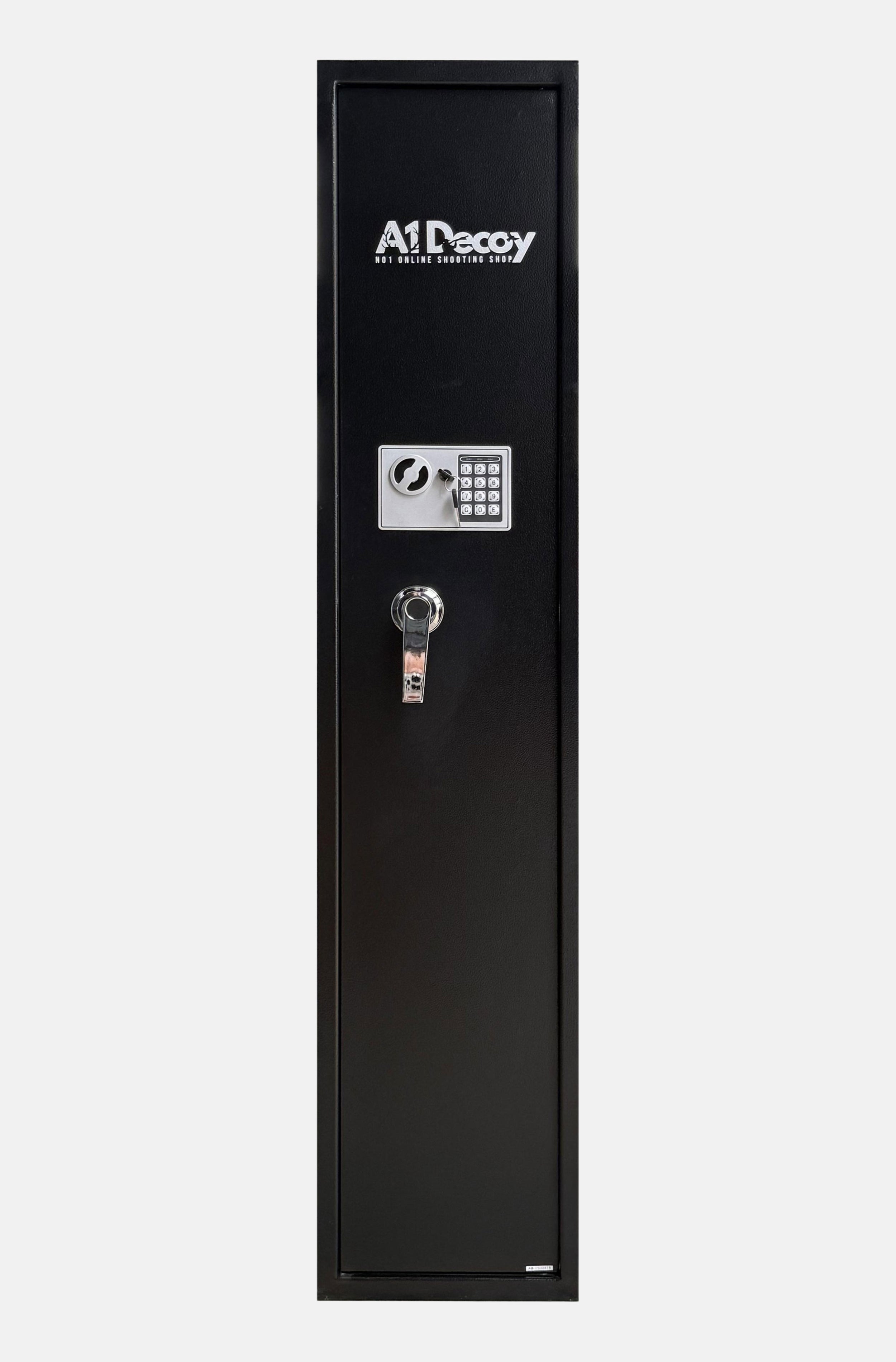 Cynthia Fortress Compact 5 Gun Safe with black exterior and secure locking system, designed for firearm storage.