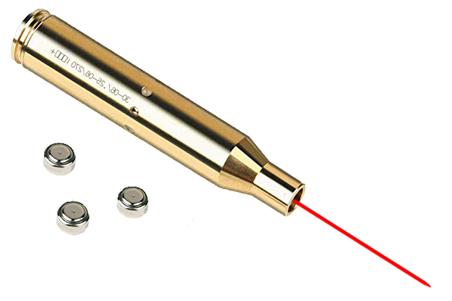 Red dot casing laser bore sighter for .308, .30-06, or 9.3 rifles, showing the compact device with laser emitter and casing design.