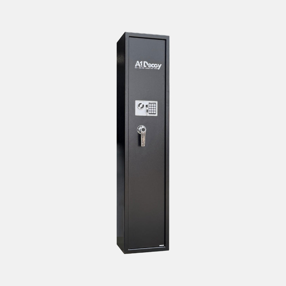 Cynthia Fortress Compact 5 Gun Safe with black exterior, secure lock, and interior storage for rifles and valuables.