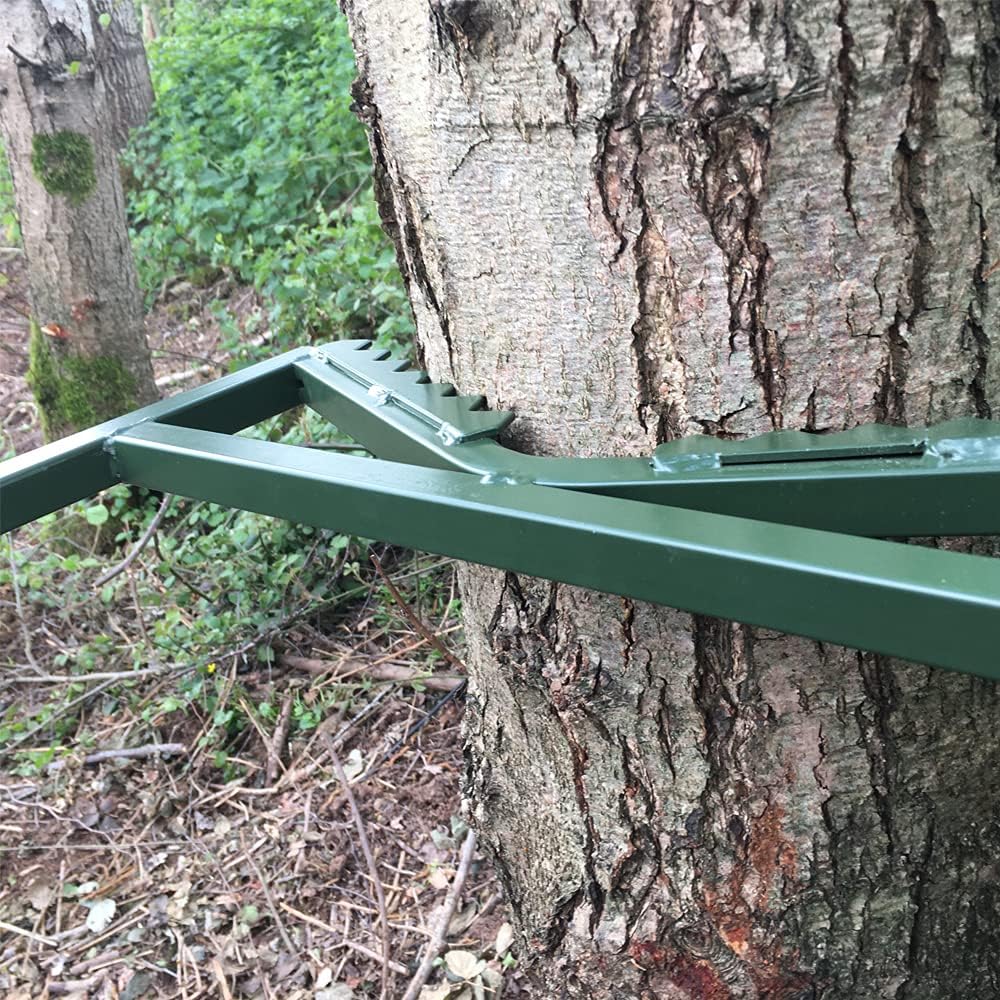 Galvanised adjustable highseat hunting tree stand by DALE, featuring sturdy construction and secure straps for elevated deer hunting.