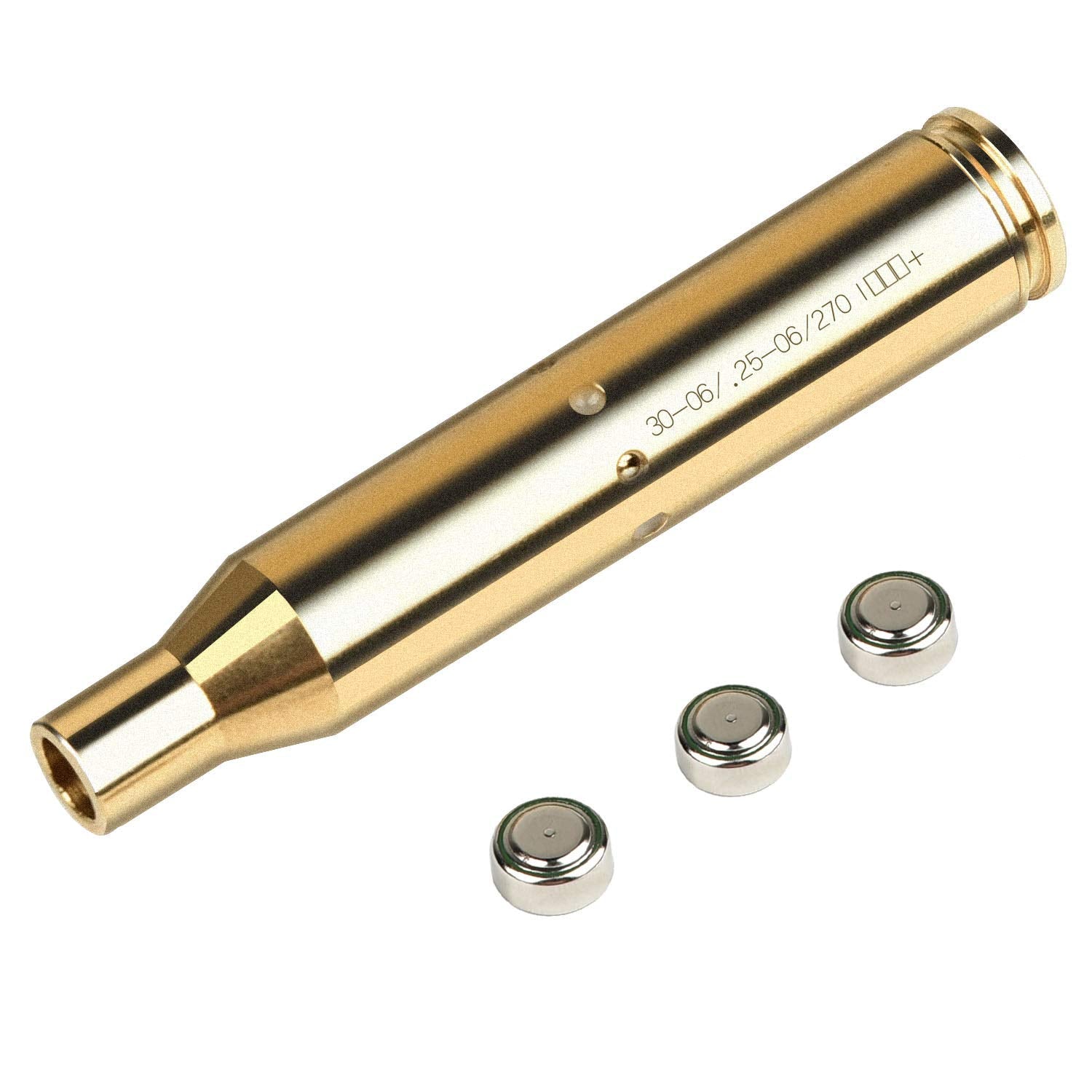 Red dot casing laser bore sighter for .308, .30-06, or 9.3 rifles, used for precise firearm sight alignment.