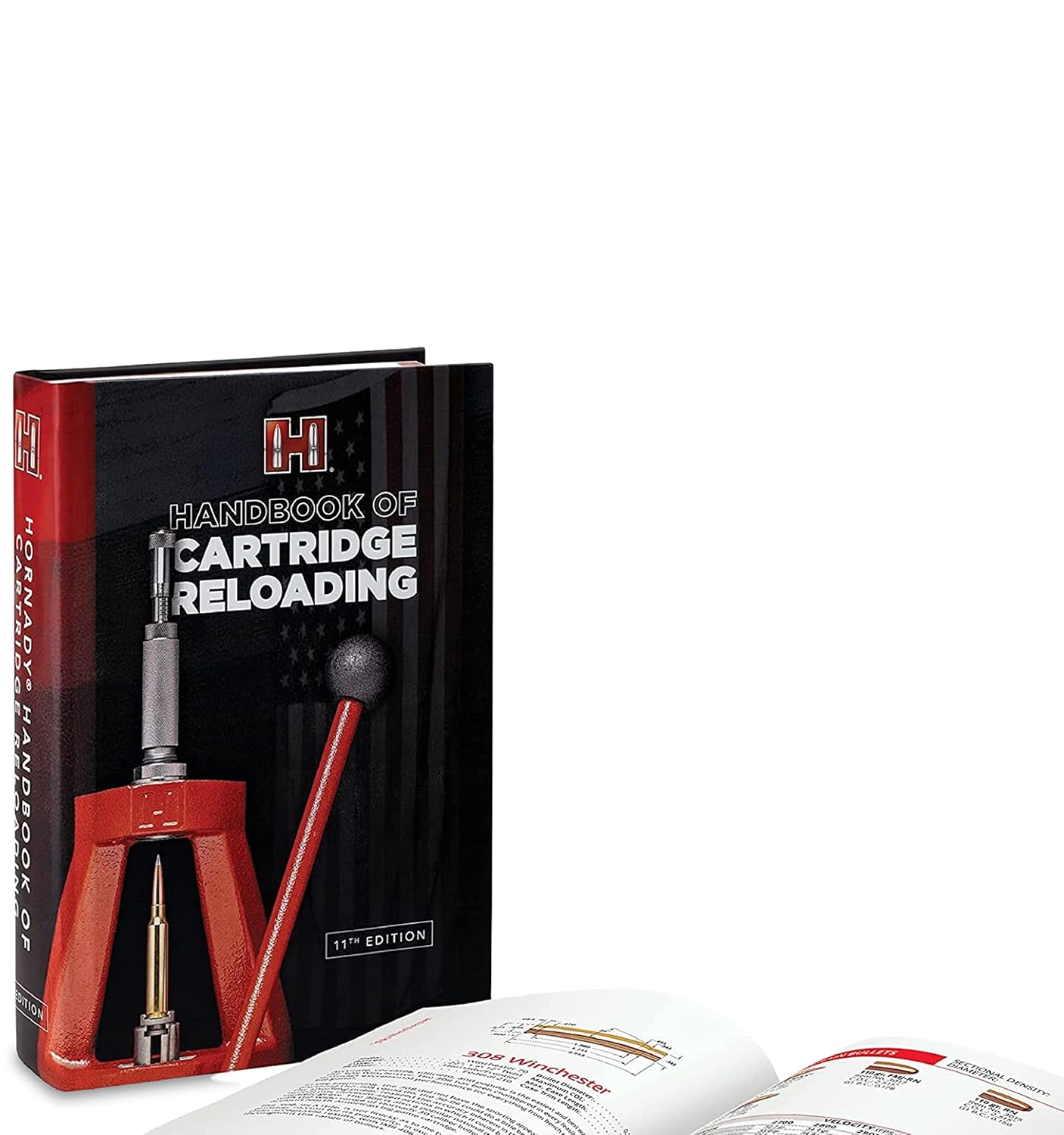 EDGAR Hornady Reloading Handbook 11th Edition displayed open, showing firearm reloading data and charts on glossy pages.