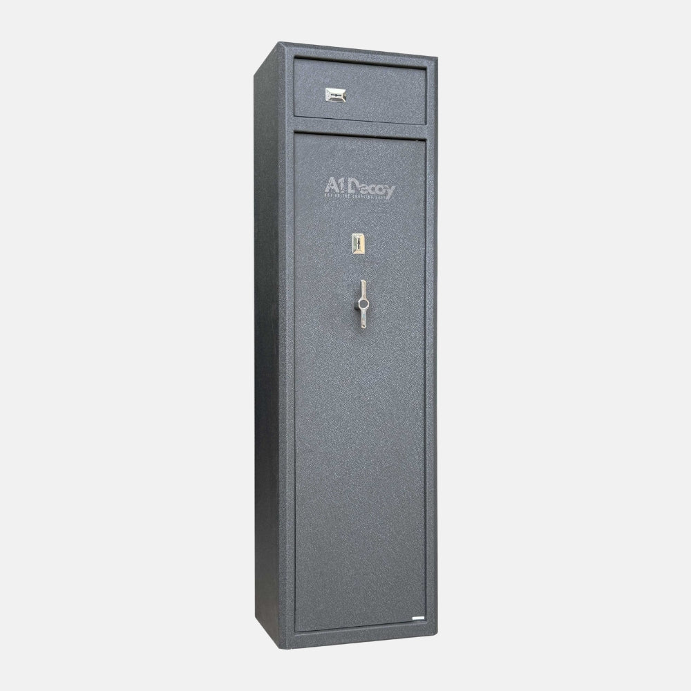 Cynthia Fortress Defender 7 Gun Safe with secure locking system, black exterior, and interior shelving for firearm storage