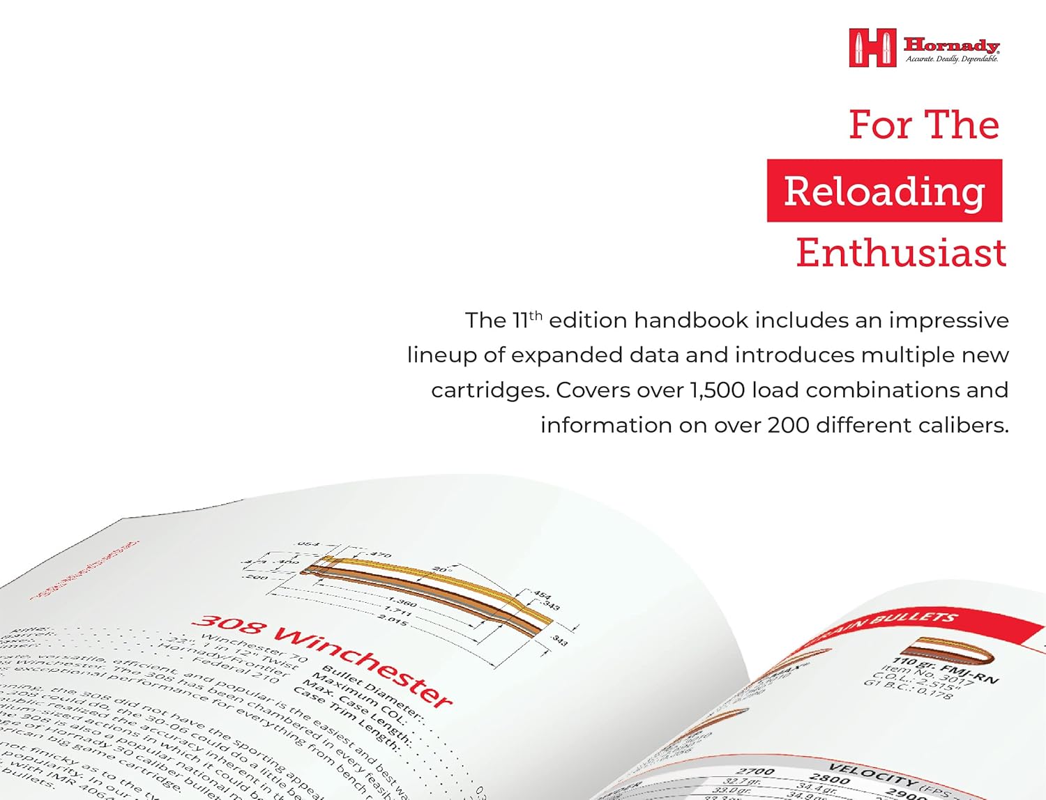 EDGAR Hornady Reloading Handbook 11th Edition open pages showing reloading data and charts for bullet and powder information.