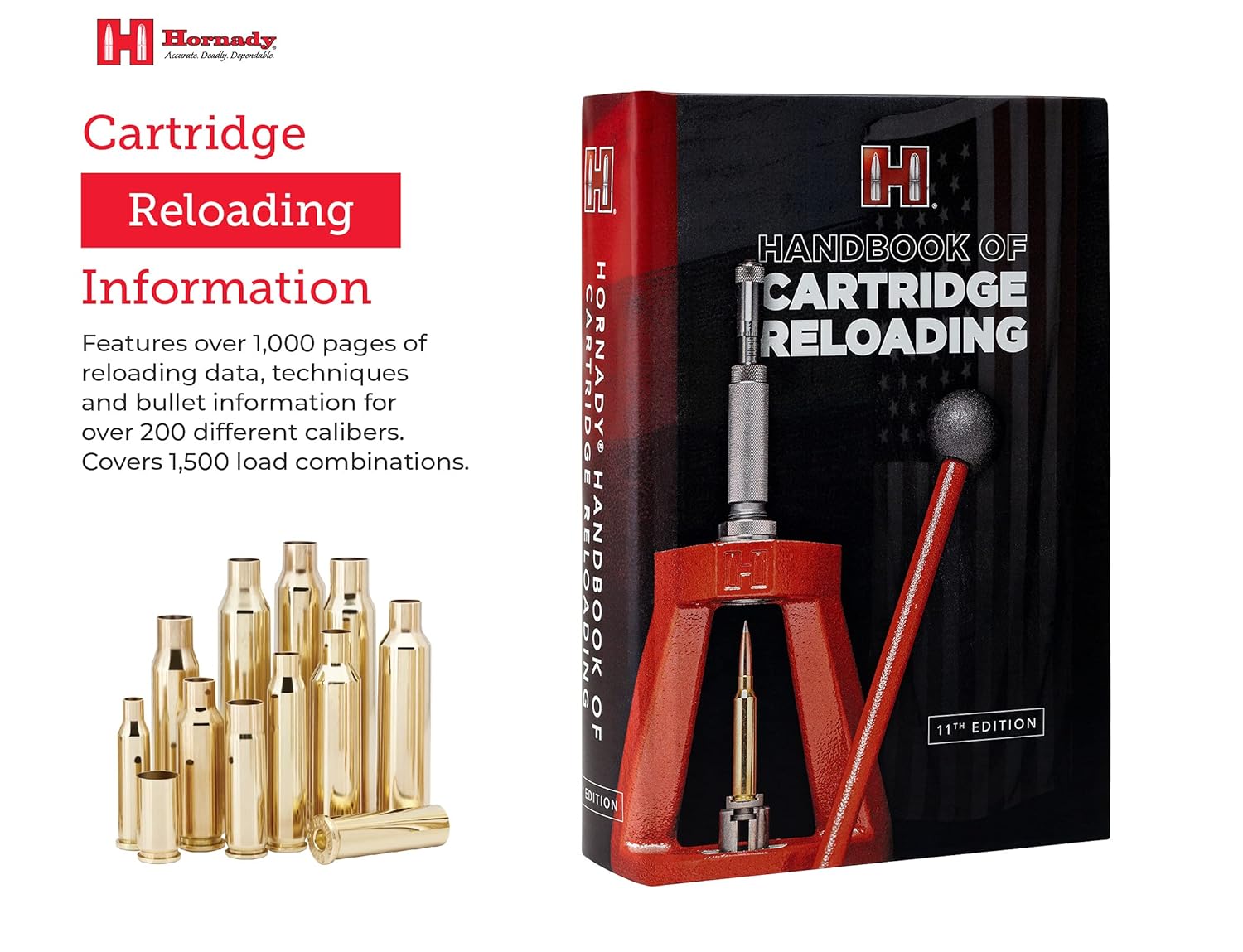 EDGAR Hornady Reloading Handbook 11th Edition open with pages showing reloading data and charts for ammunition reloaders.