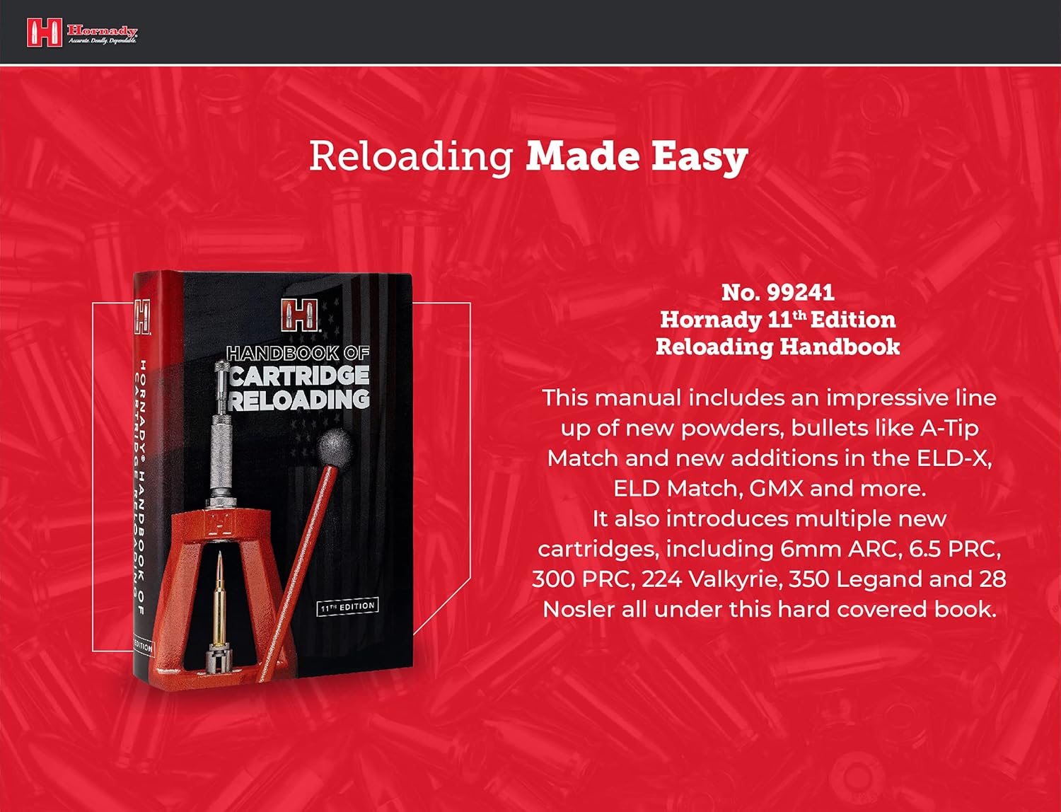 EDGAR Hornady Reloading Handbook 11th Edition open with pages showing reloading data and charts for firearm enthusiasts