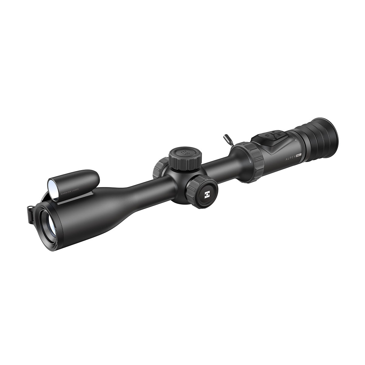 HIKMICRO Alpex A50PL LRF digital day and night rifle scope mounted on firearm for long-range precision shooting.