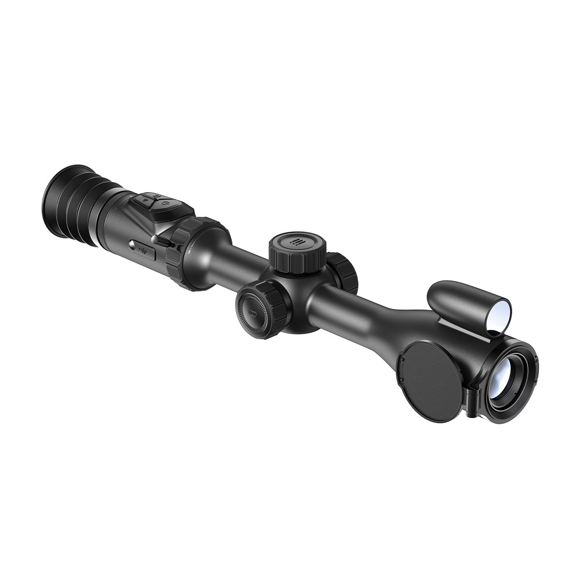 HIKMICRO Alpex A50PL LRF digital day and night rifle scope with adjustable eyepiece and scope body, mounted on a rifle.