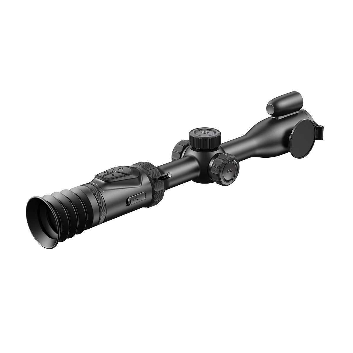 HIKMICRO Alpex A50PL LRF digital day and night rifle scope with adjustable eyepiece and lens, mounted on a firearm.