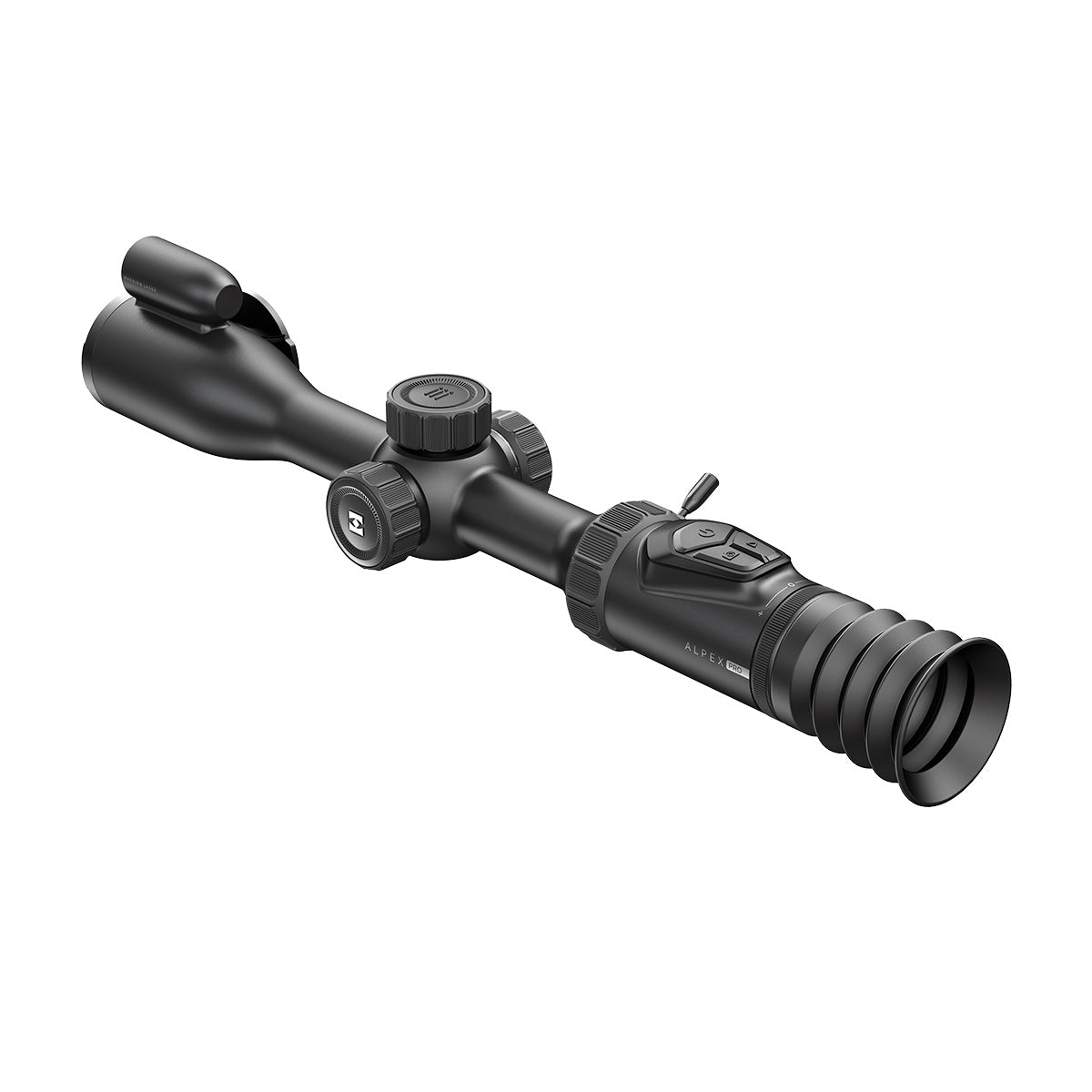 HIKMICRO Alpex A50PL LRF digital day and night rifle scope with adjustable zoom and reticle, mounted on a firearm.