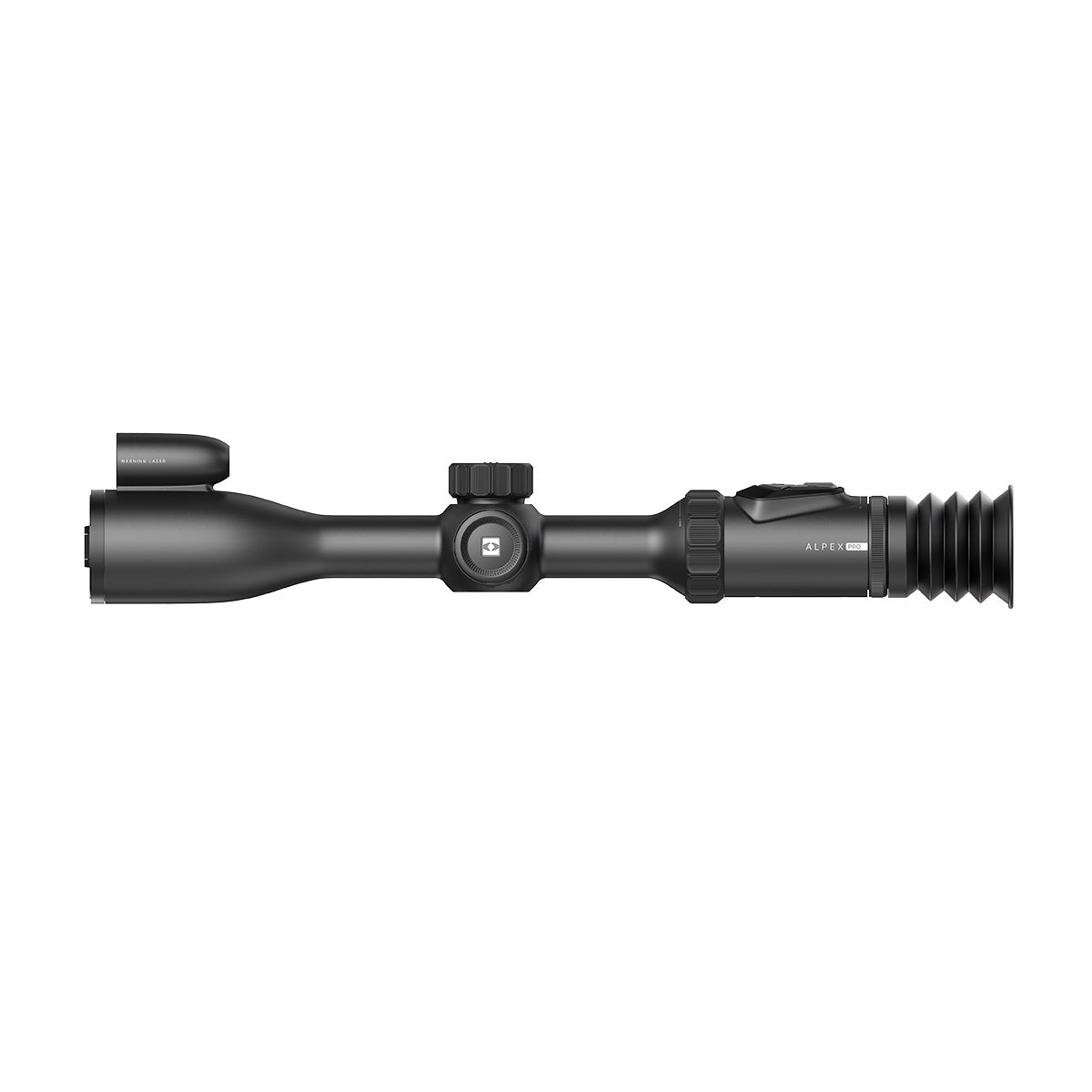 HIKMICRO Alpex A50PL LRF digital day and night rifle scope with adjustable lens and user interface, mounted on a rifle.