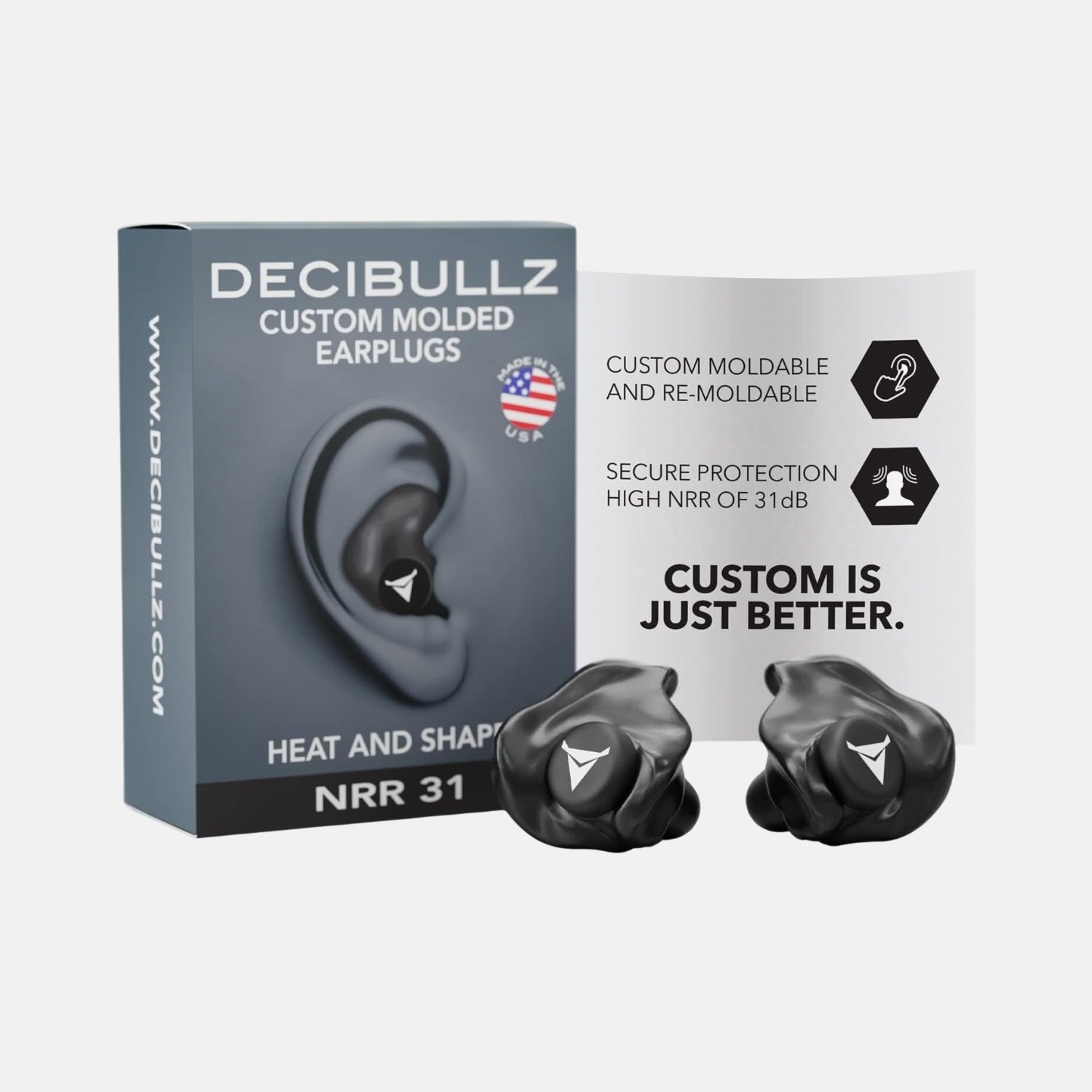 Blue DCID Decibullz custom molded ear defender plugs for hearing protection, shown in a close-up image.