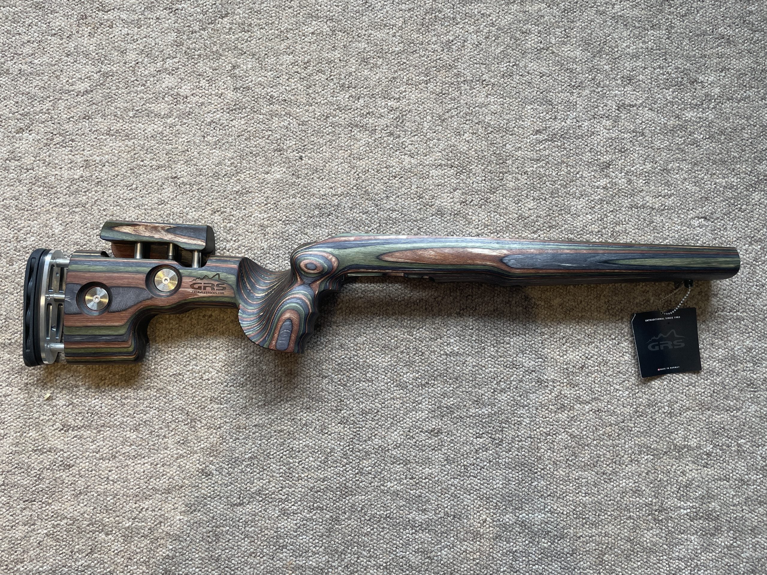 Highland GRS Sporter Standard Action rifle with Green Mountain Camo finish on Blaser R8 model, shown from the side.