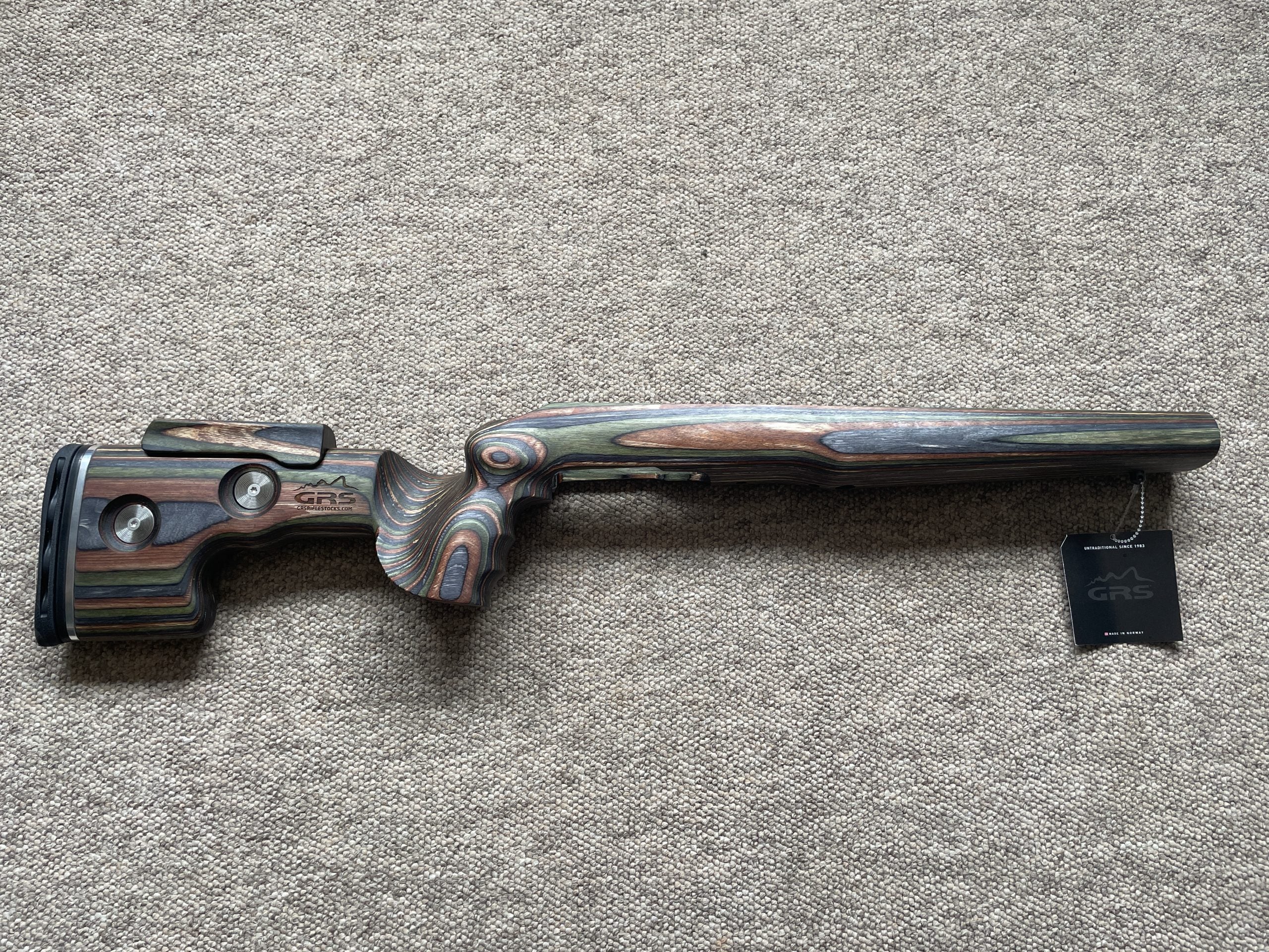 HIGHLAND GRS Sporter Standard Action rifle with Green Mountain Camo finish and Blaser R8 stock, detailed close-up view