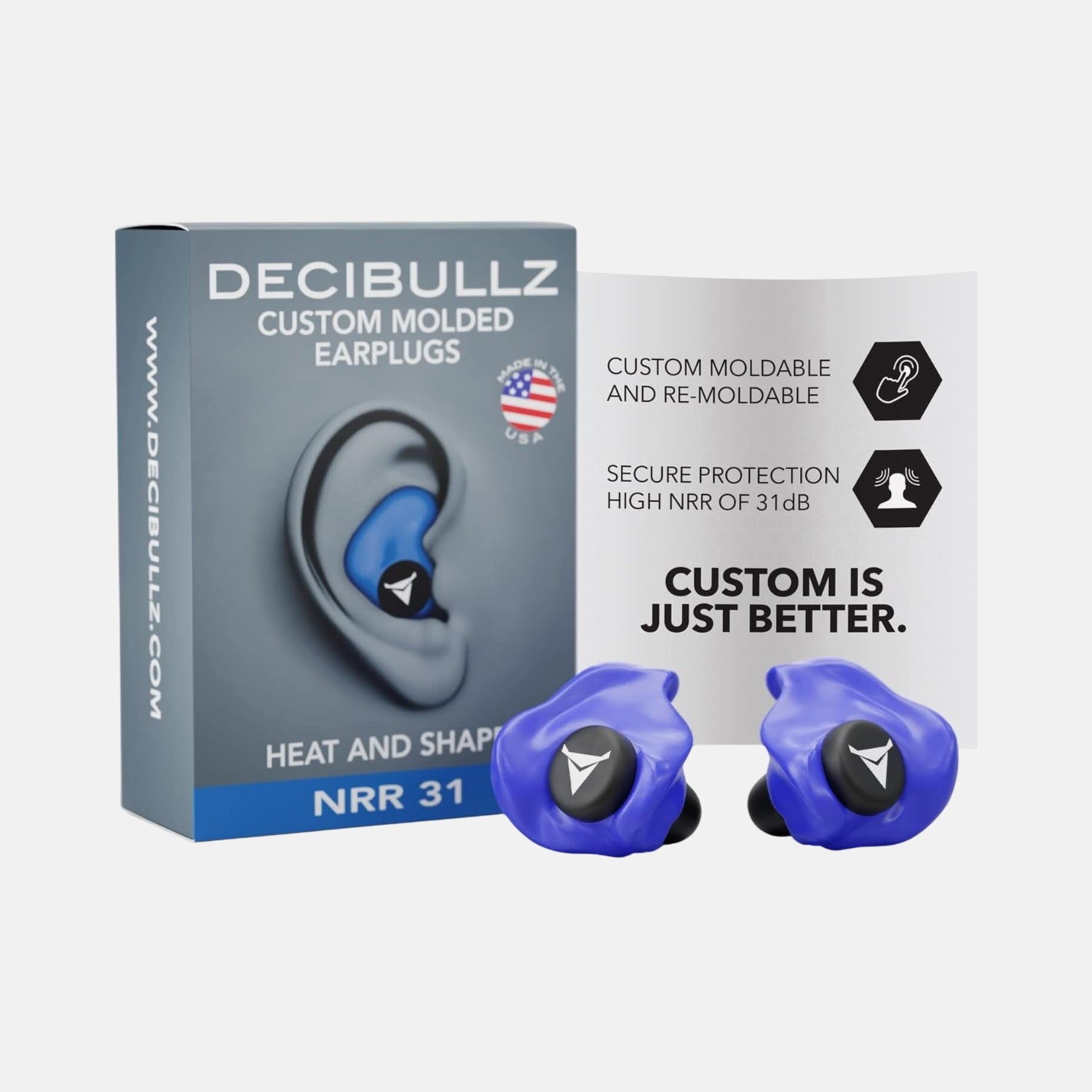 Blue Decibullz custom molded ear defender plugs from DCID, designed for hearing protection with a comfortable fit.