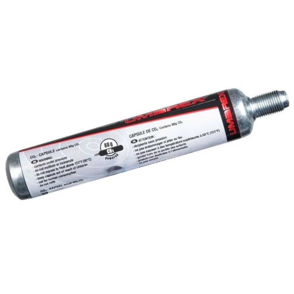 ROTHERY CO2 88g cartridge for airguns, showing a sealed 88-gram CO2 cylinder with branding and safety valve details.