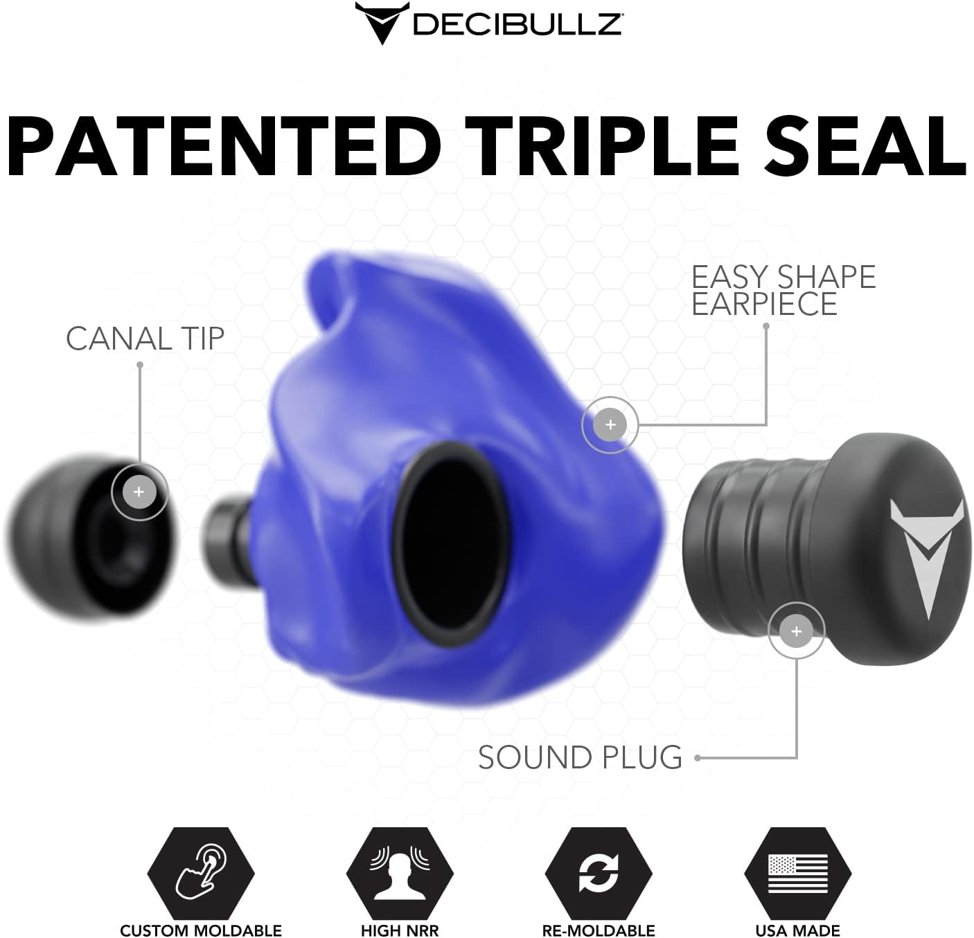 DCID Decibullz custom molded ear defender plugs in blue, designed for hearing protection with a comfortable, secure fit.