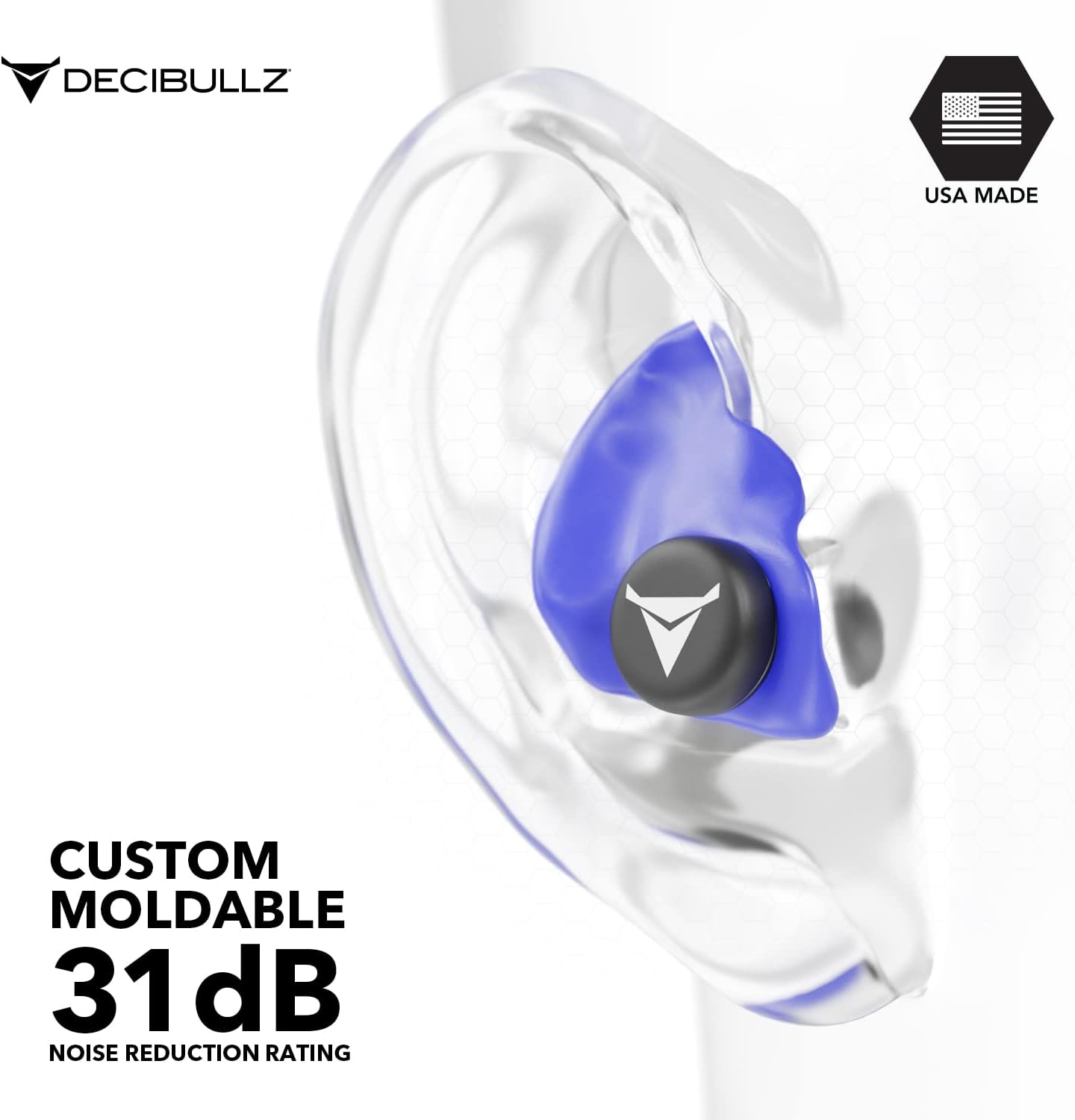 Blue DCID Decibullz custom molded ear defender plugs for hearing protection, shown in a close-up image.