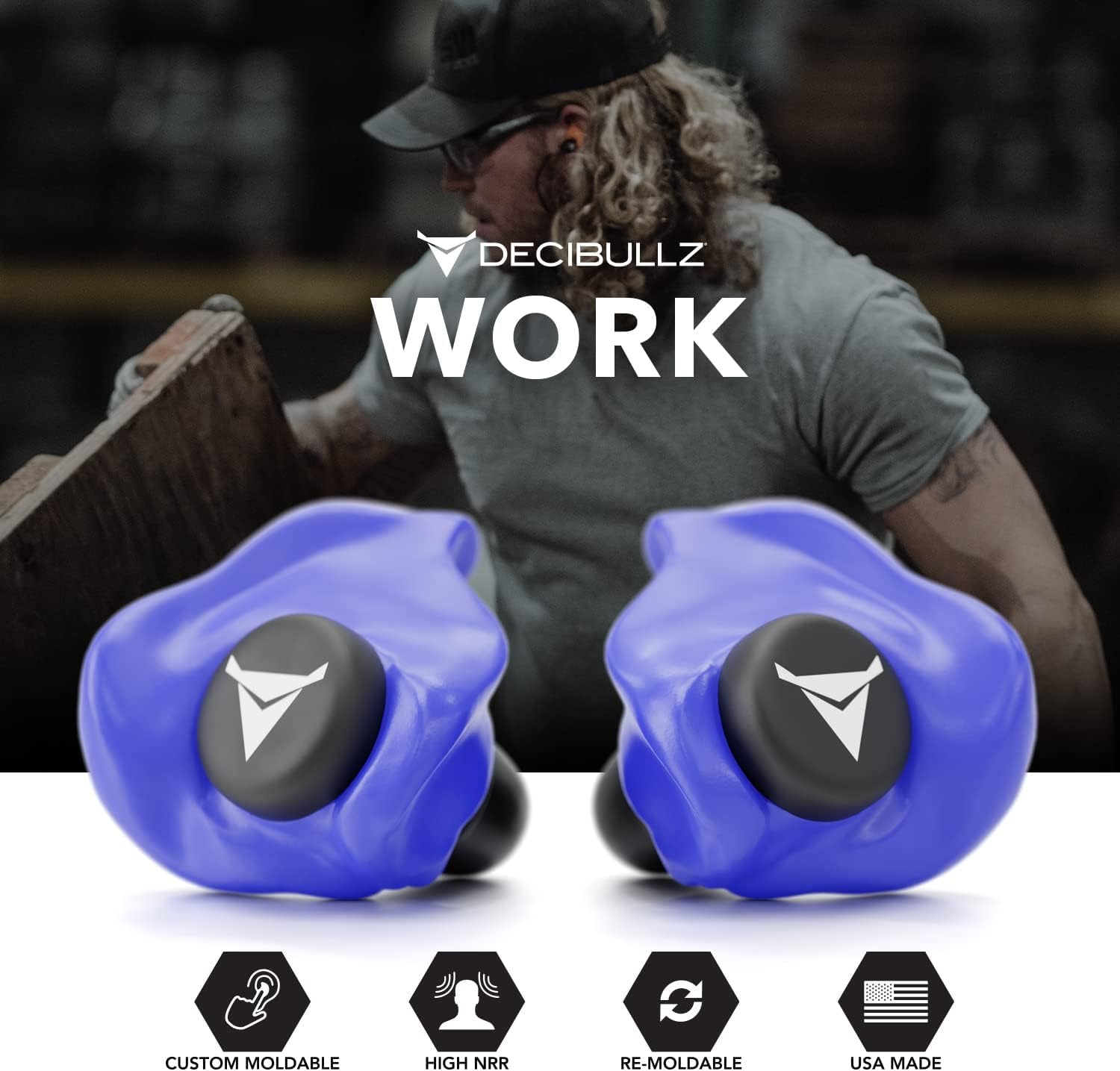 Blue Decibullz custom molded ear defender plugs by DCID designed for hearing protection and noise reduction.