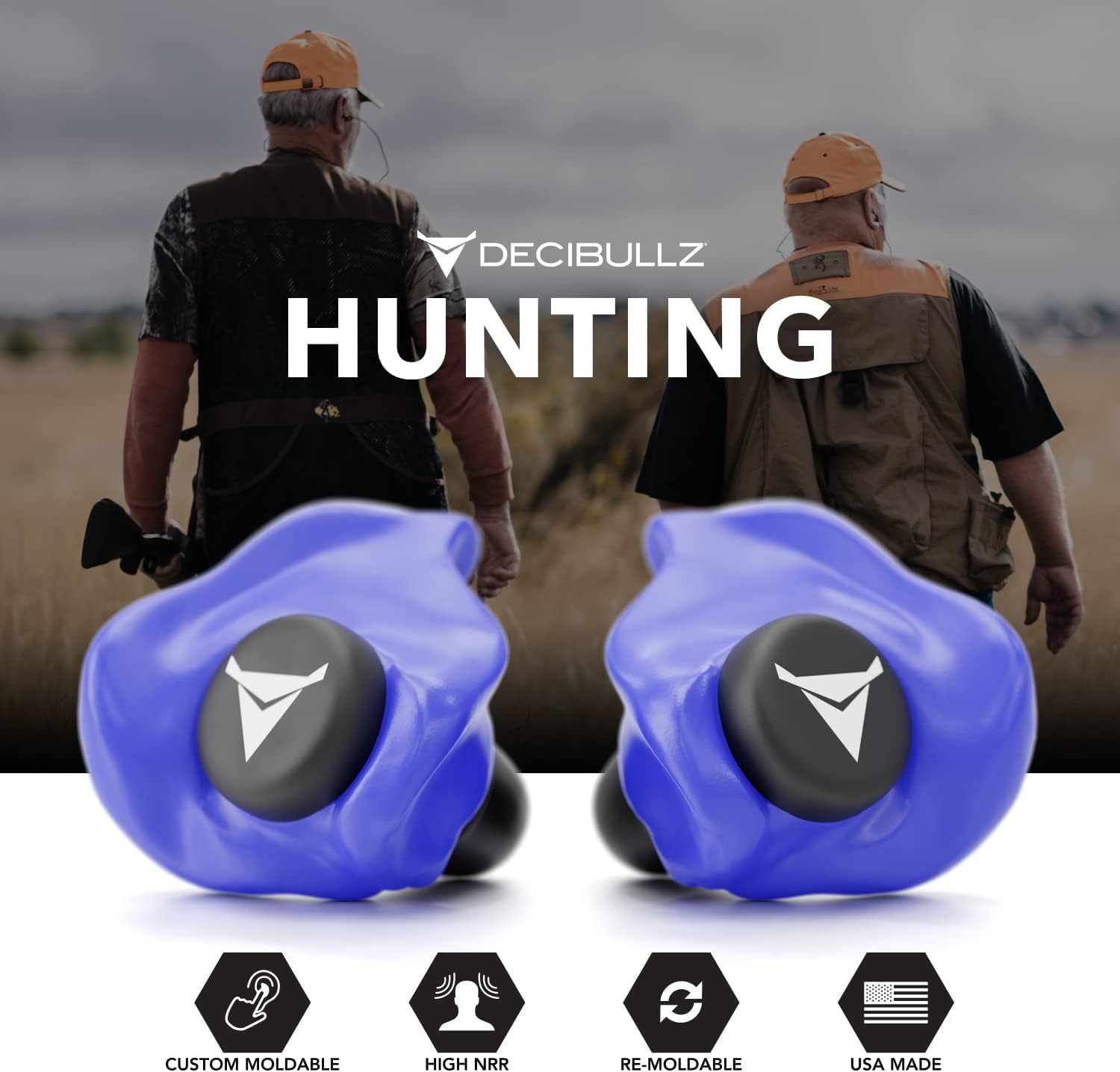 Blue DCID Decibullz custom molded ear defender plugs with adjustable fit and ergonomic design for hearing protection.