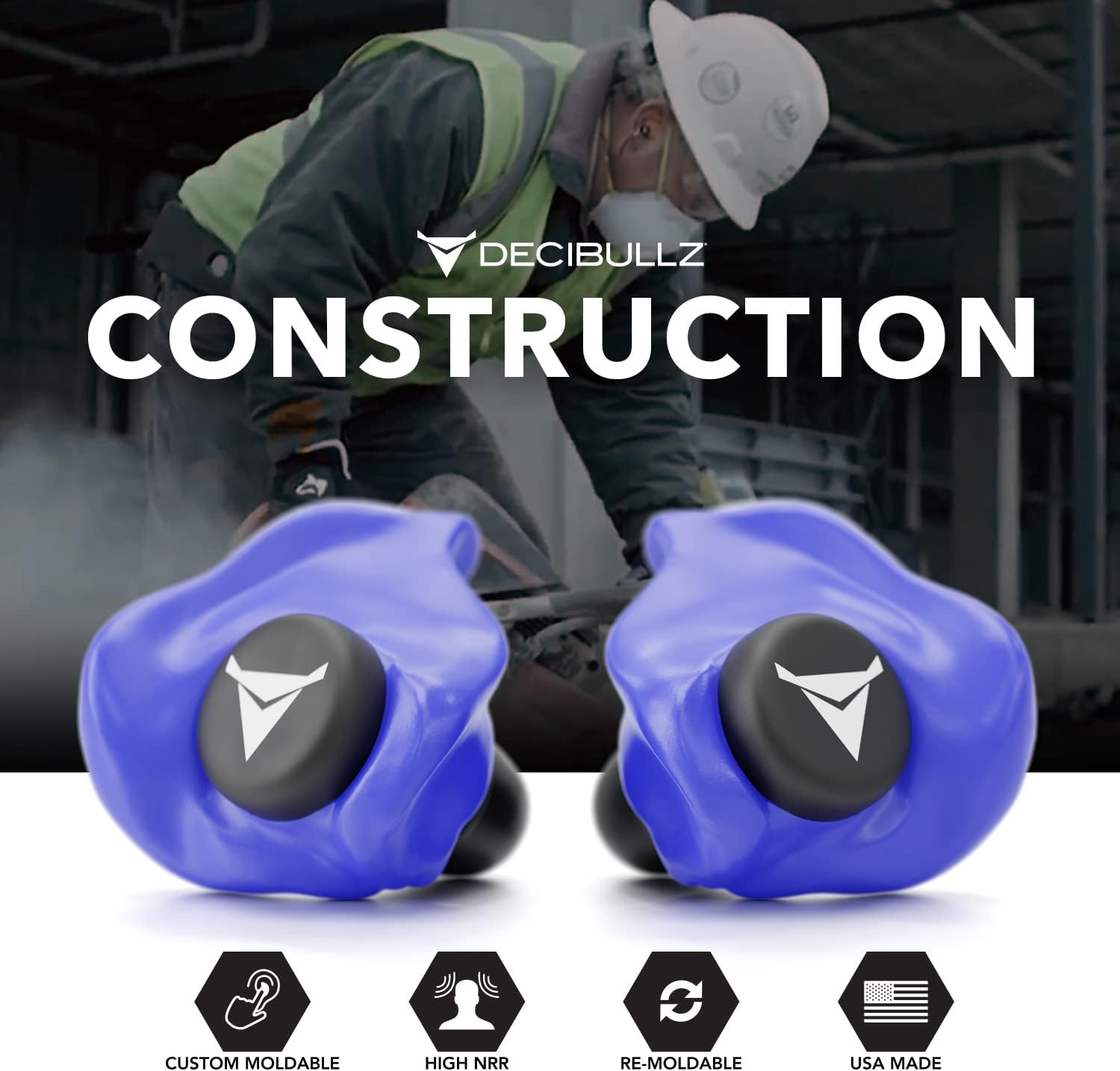 DCID Decibullz custom molded ear defender plugs in blue, designed for hearing protection and comfortable fit.