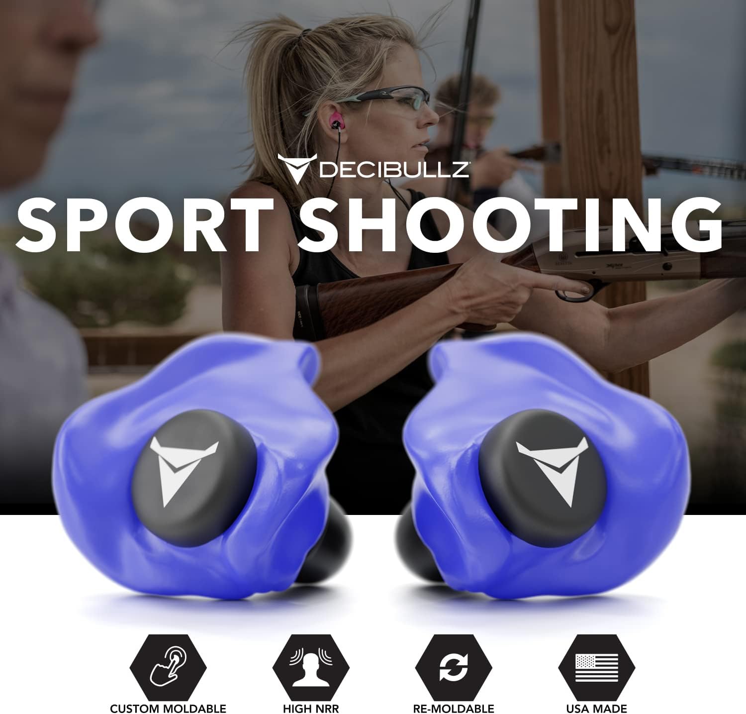 Blue DCID Decibullz custom molded ear defender plugs for hearing protection, showing their ergonomic design and adjustable fit.