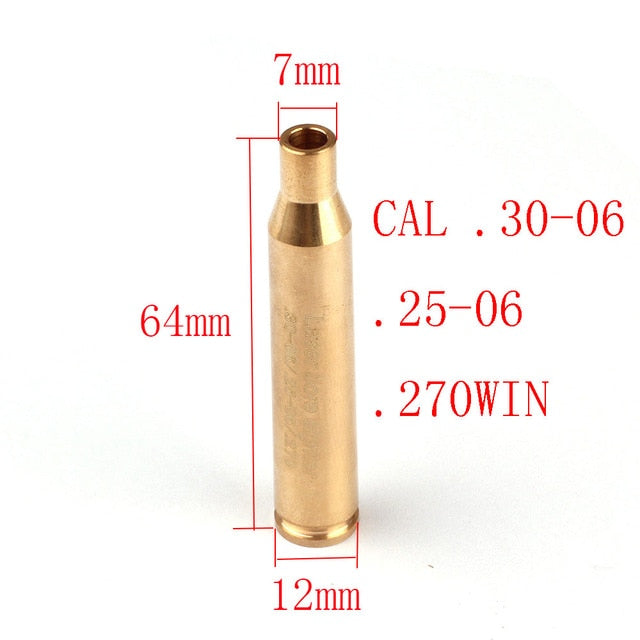 Red dot casing laser bore sighter from AliExpress for .308, .30-06, or 9.3 rifle, showing the compact device and laser emitter.