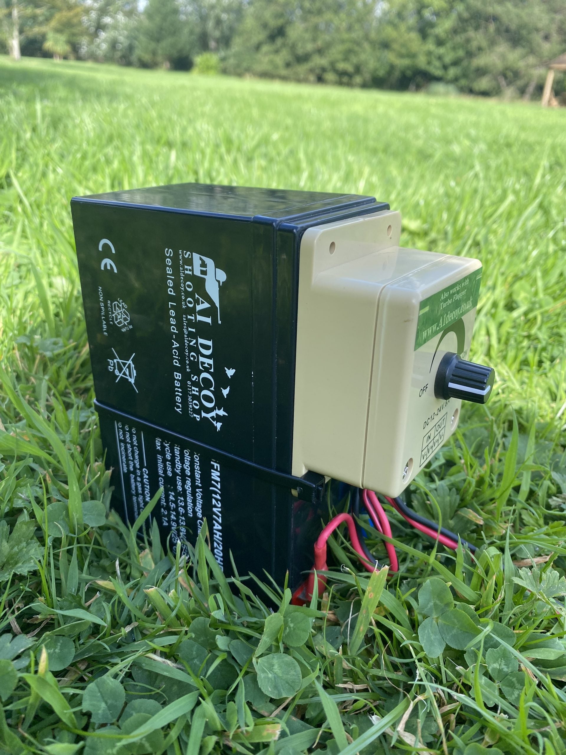 A1 DECOY LTD battery and heavy-duty speed controller with magnets and flappers, shown in a close-up image.