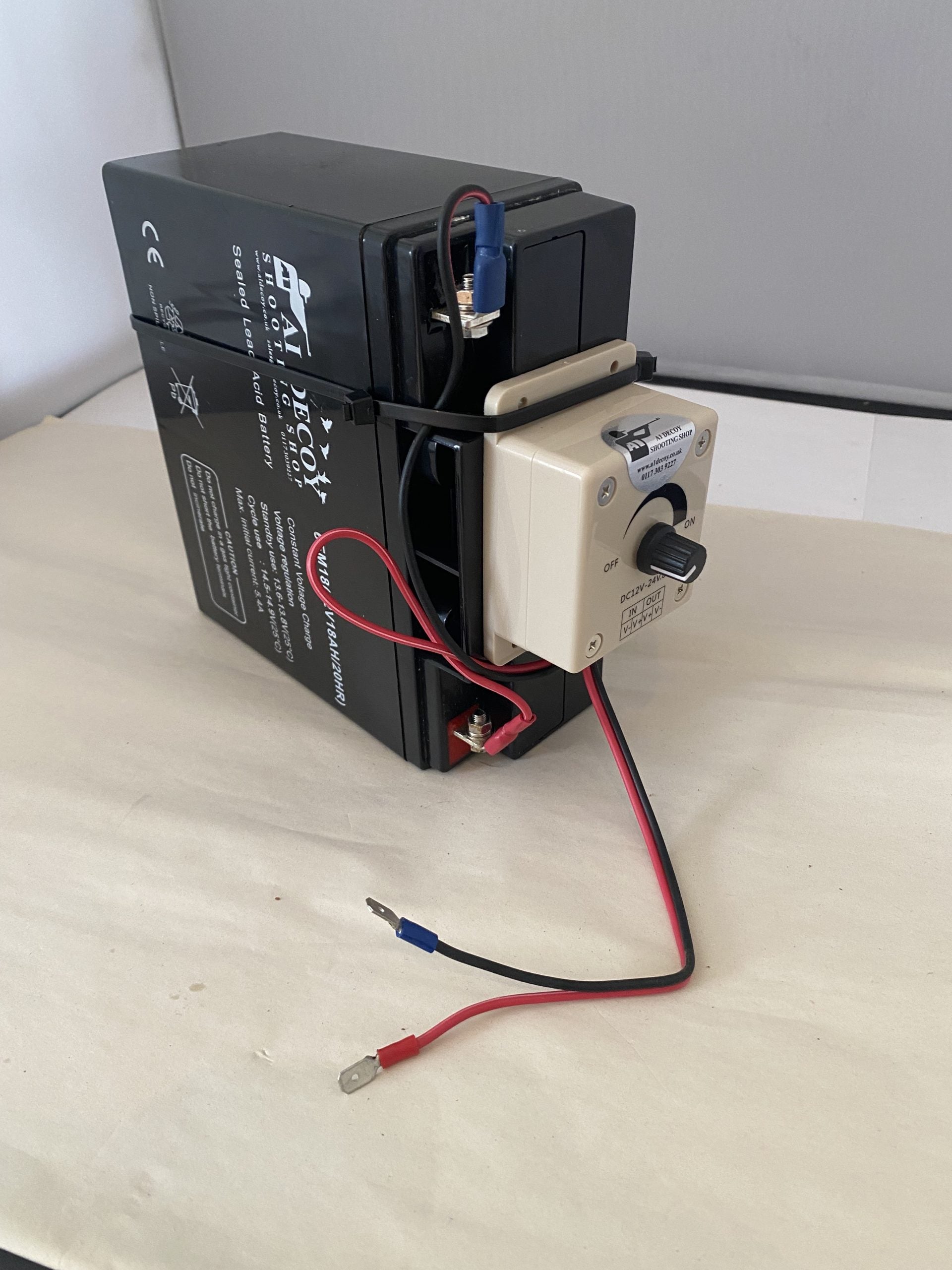 A1 DECOY LTD battery and heavy duty speed controller with magnets and flappers, shown in a close-up image.