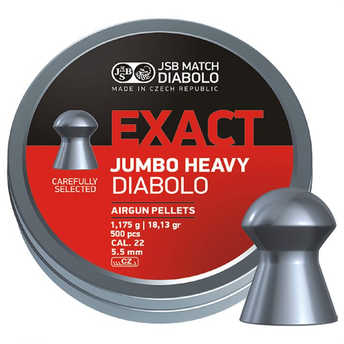 Rothery JSB Jumbo Exact Heavy .22 pellets for air rifles, shown in a box with multiple pellets ready for shooting.