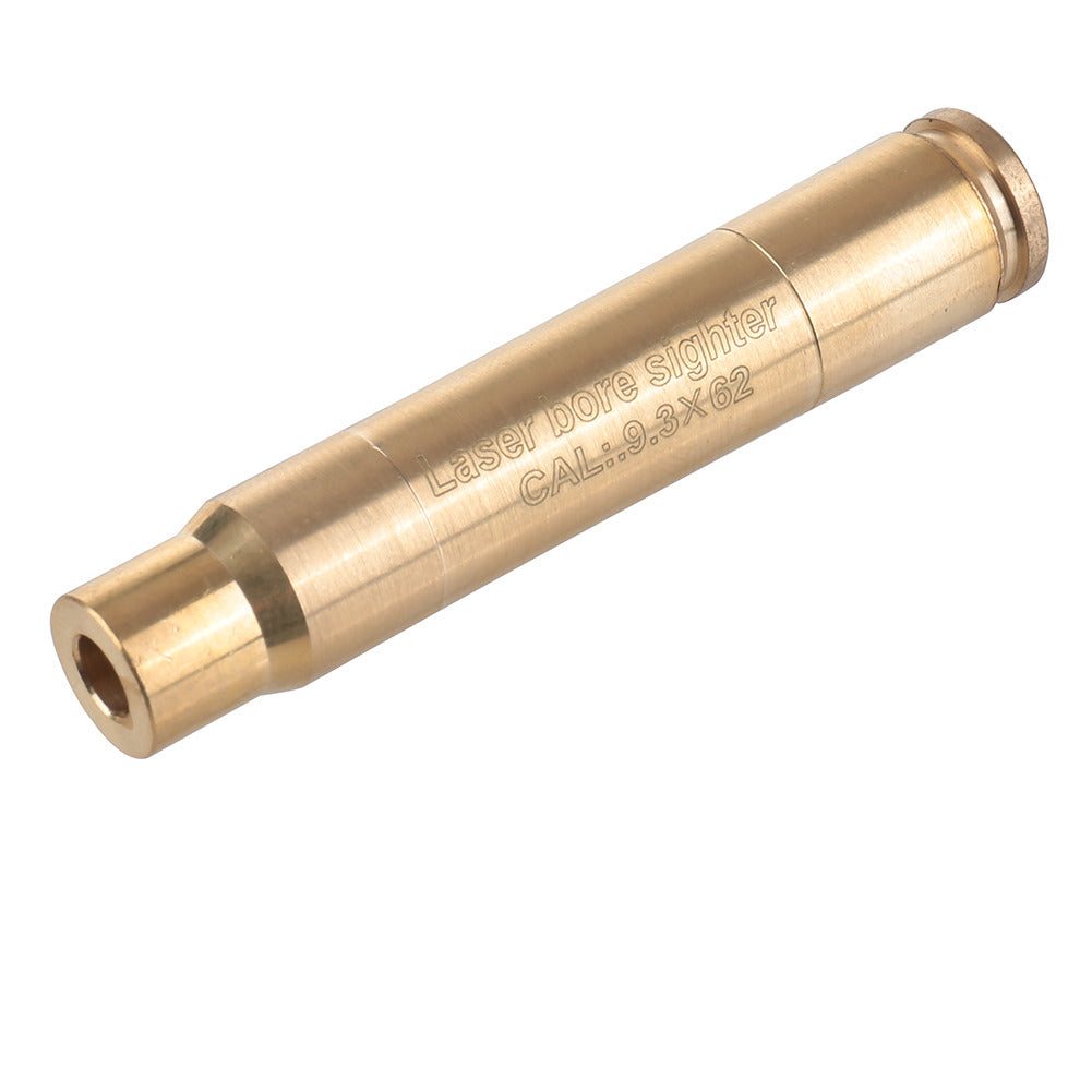 Red dot casing laser bore sighter for .308, .30-06, or 9.3 rifles, shown in a close-up view with laser emitter and casing.