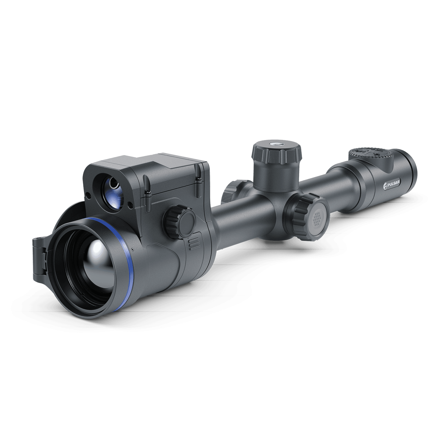 Pulsar Thermion 2 LRF XP50 Pro thermal scope by TJACKS showing the device with digital display and control buttons.