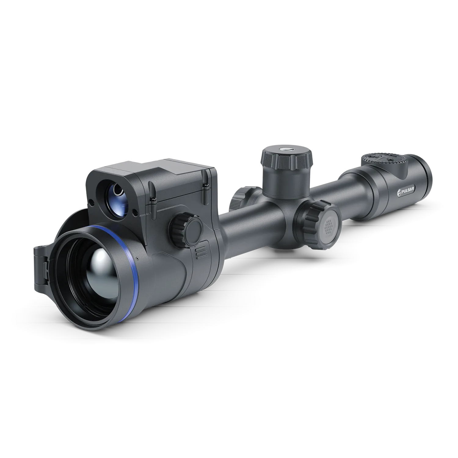 Thermion 2 LRF XP50 Pro thermal scope by Pulsar, featuring high-resolution thermal imaging and laser range finder, mounted on a rifle