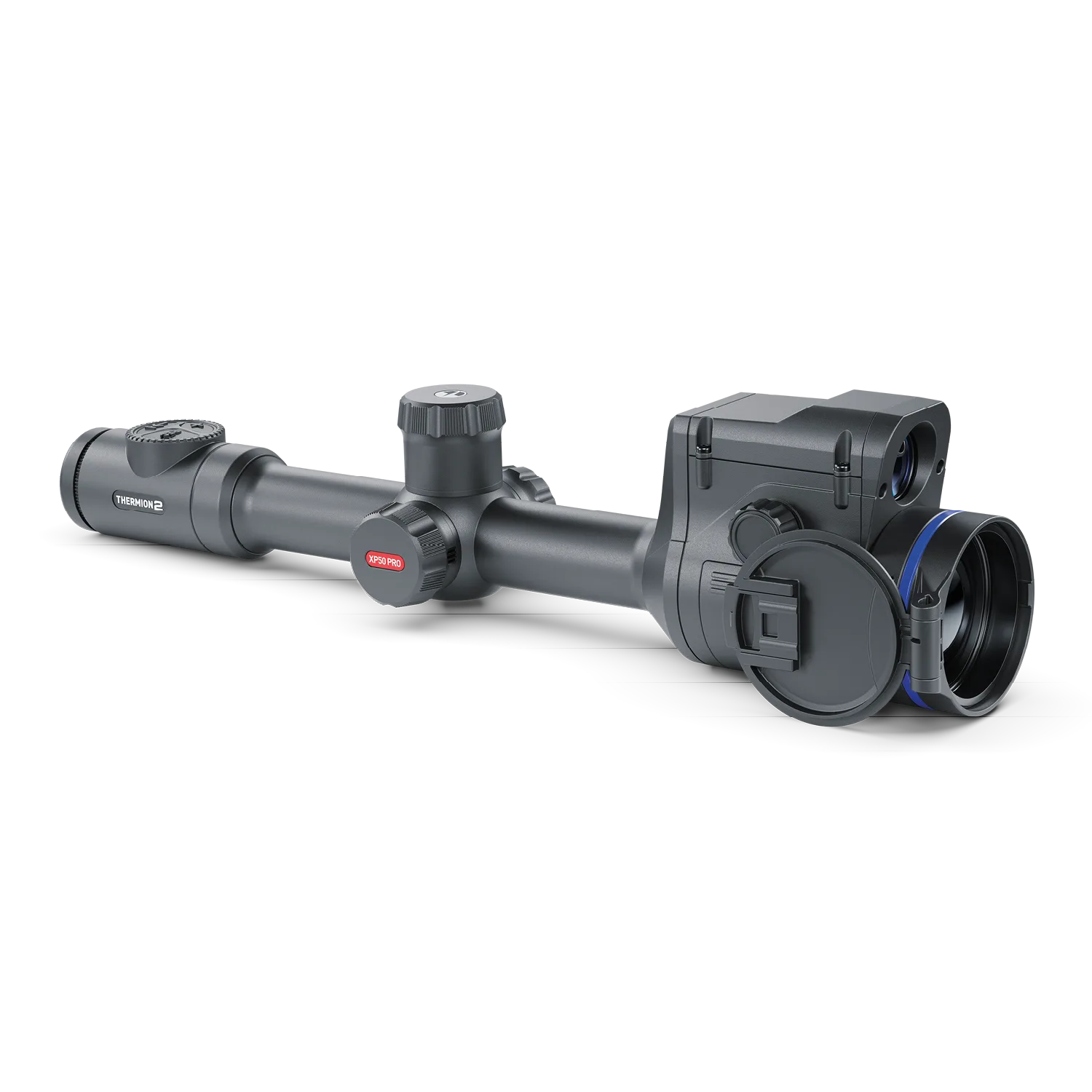 Thermion 2 LRF XP50 Pro thermal scope by Pulsar, mounted on a rifle, showing digital display and thermal imaging features.