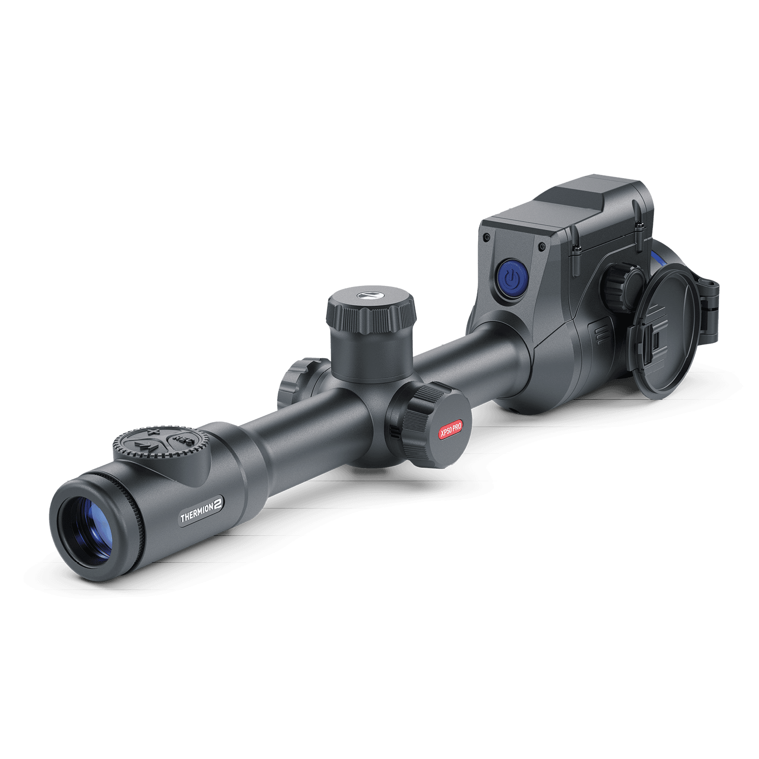 Thermion 2 LRF XP50 Pro thermal scope by Pulsar, mounted on a rifle, showing digital display for nighttime hunting or surveillance.