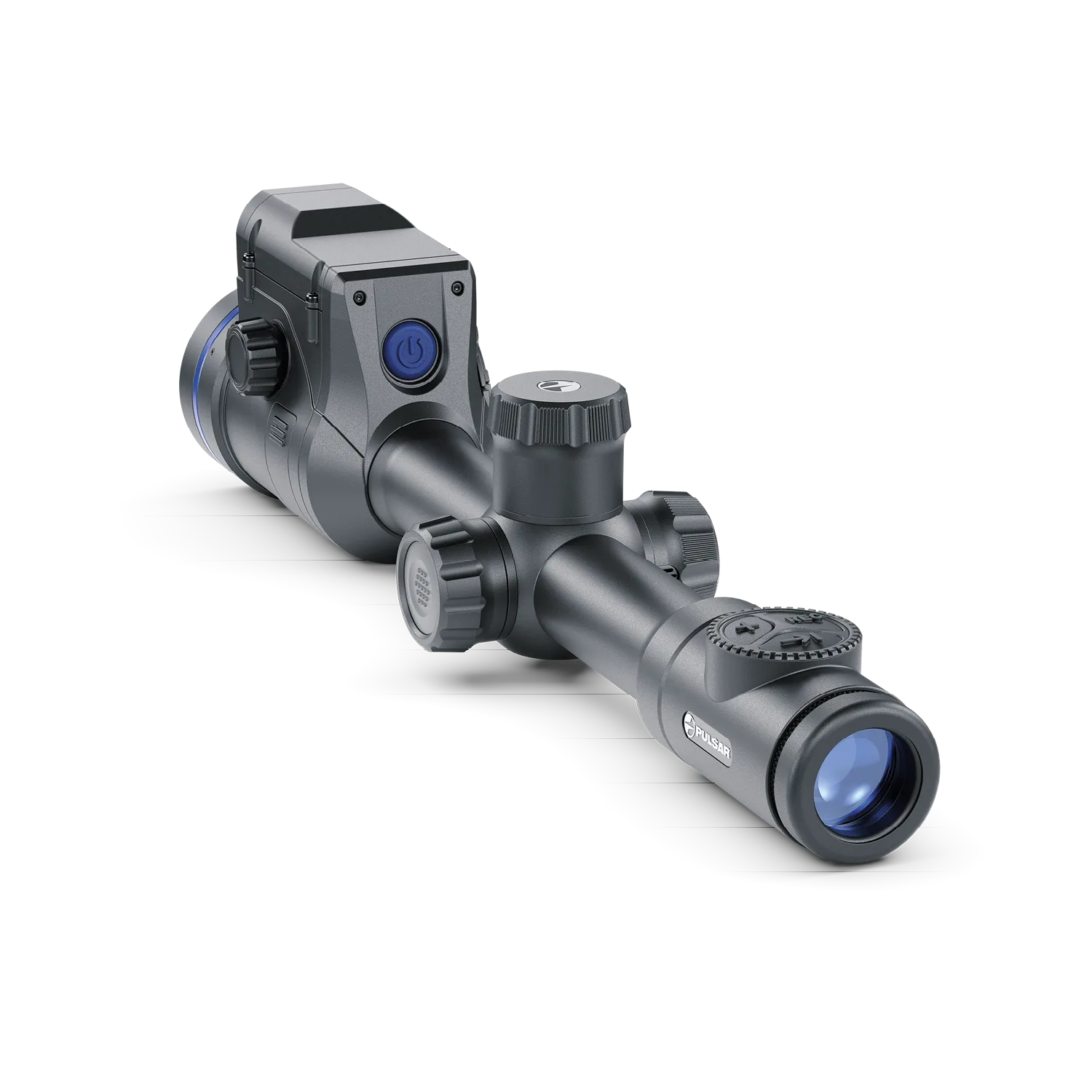Thermion 2 LRF XP50 Pro thermal scope by Pulsar, showing detailed daytime and thermal imaging display with control buttons.