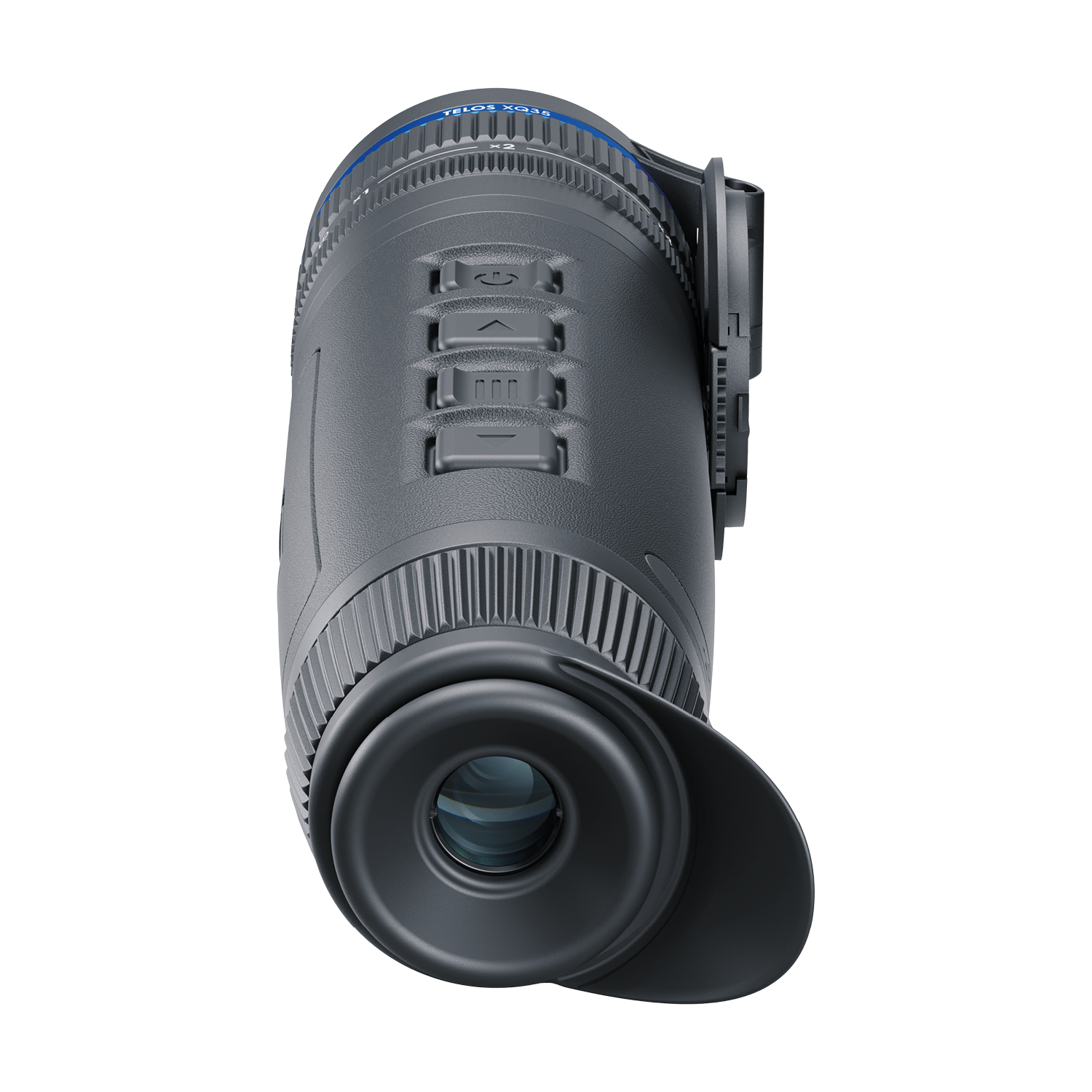 Pulsar Telos XQ35 thermal monocular by TJACKS, showing the compact device with lens and control buttons.