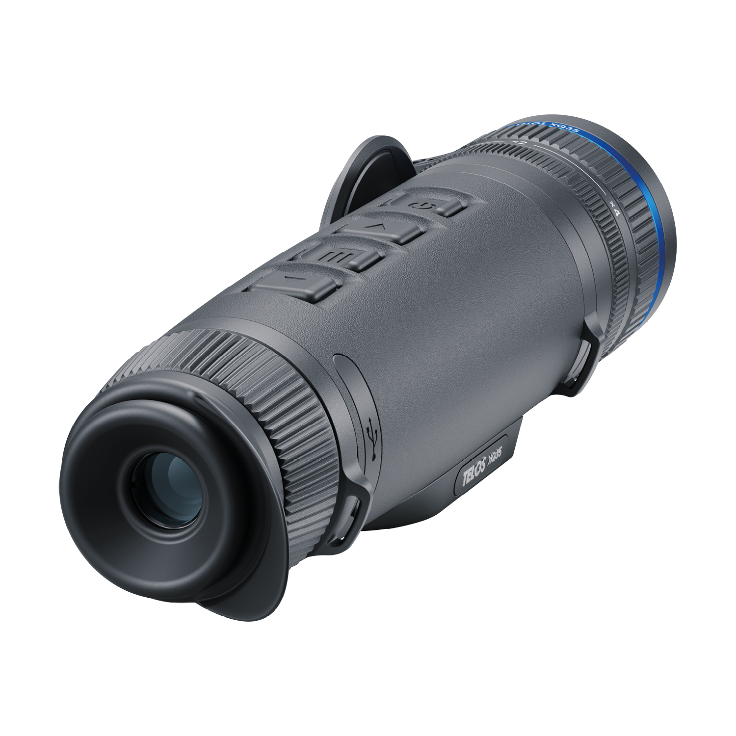 Pulsar Telos XQ35 binoculars by TJACKS with black body, close-up view highlighting compact design and adjustable eyepieces.