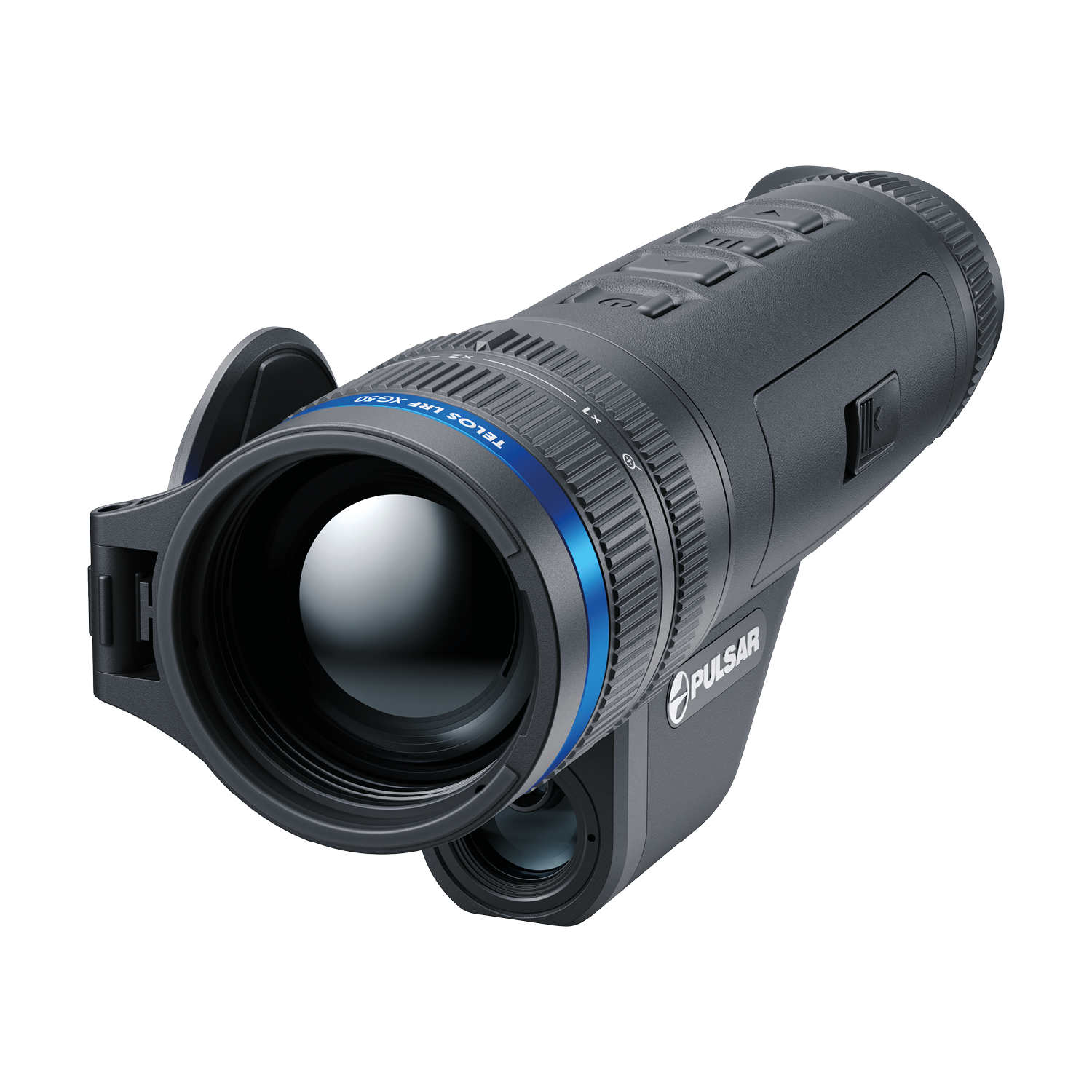 Pulsar Telos XG50 LRF thermal spotter with handheld design and integrated laser rangefinder, used for outdoor thermal observation.