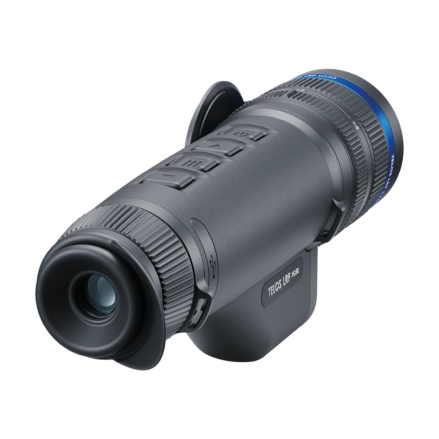 Pulsar Telos XG50 LRF thermal spotter with hand strap, black body, and viewing lens for outdoor thermal imaging.
