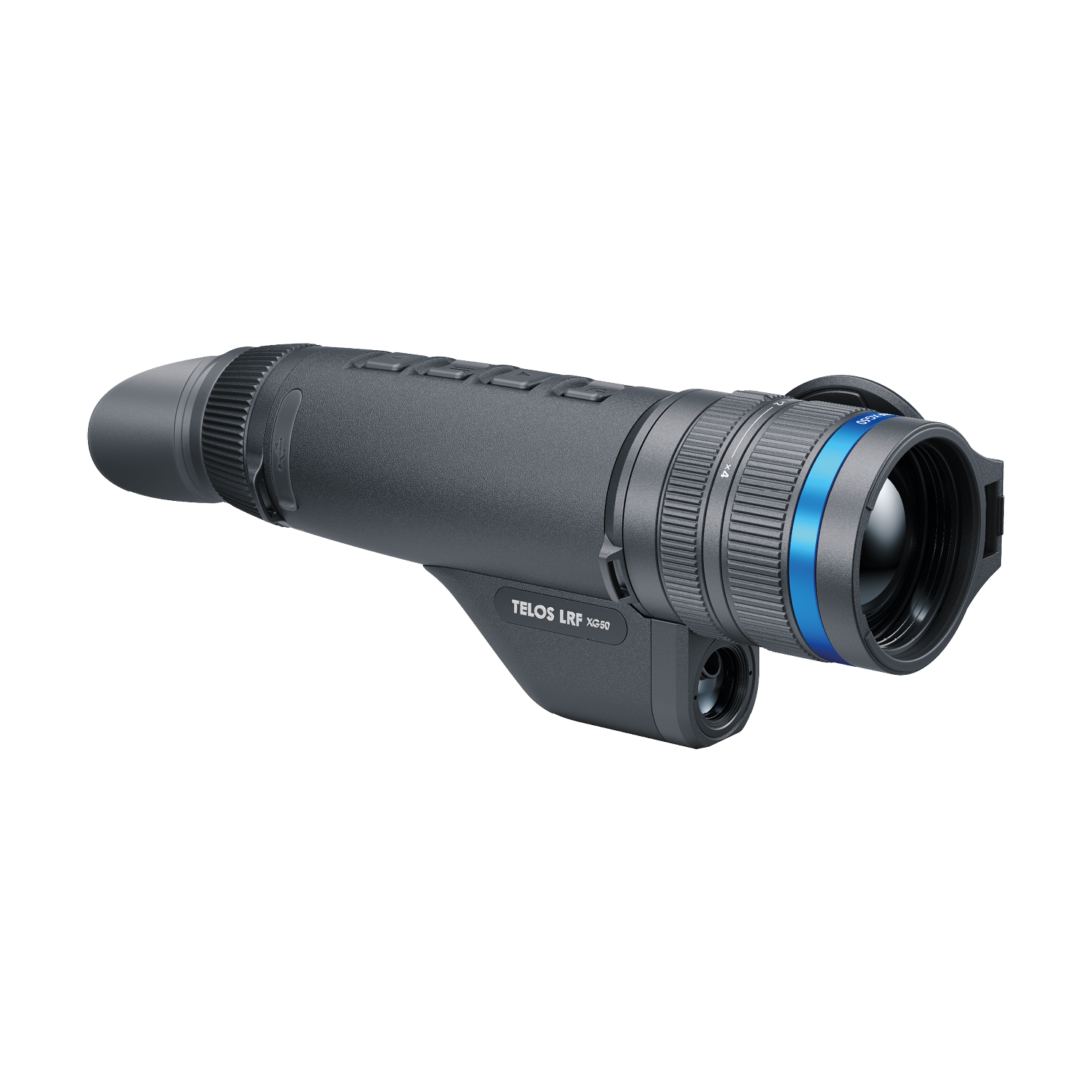 TJACKS Pulsar Telos XG50 LRF thermal spotter showing the device with infrared view and user interface in a natural outdoor setting.