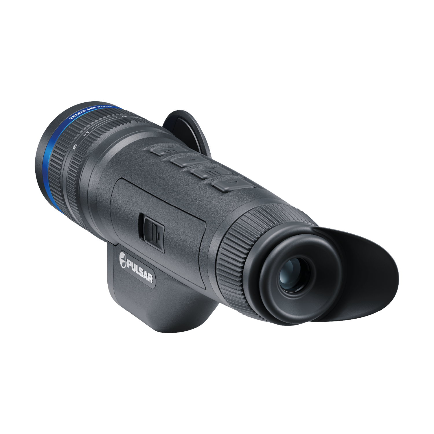 Pulsar Telos XG50 LRF thermal spotter with handheld design, black body, and adjustable lens for outdoor thermal imaging.