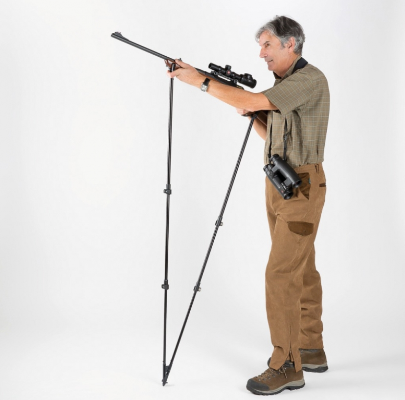A1 Decoy Ltd Monteria single leg sticks for hunting, featuring adjustable metal legs with rubber feet on natural ground.