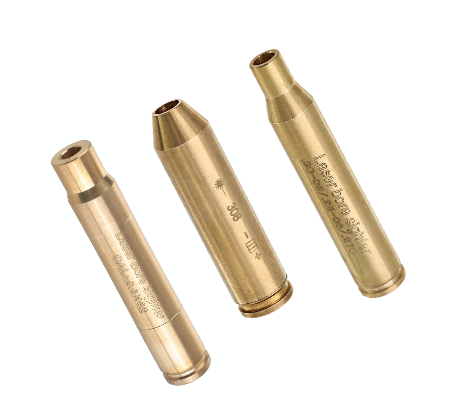Red dot casing laser bore sighter for .308, .30-06, or 9.3 rifles, showing the device set up on a rifle barrel.