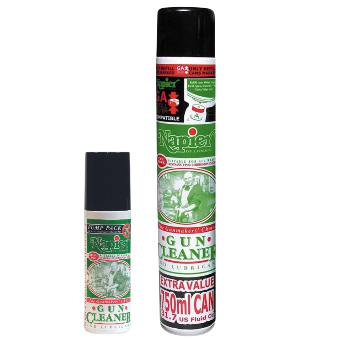 A1 Decoy Ltd Napier 750ml gun oil and 175ml gun cleaner bottles on a white background, showcasing their packaging.